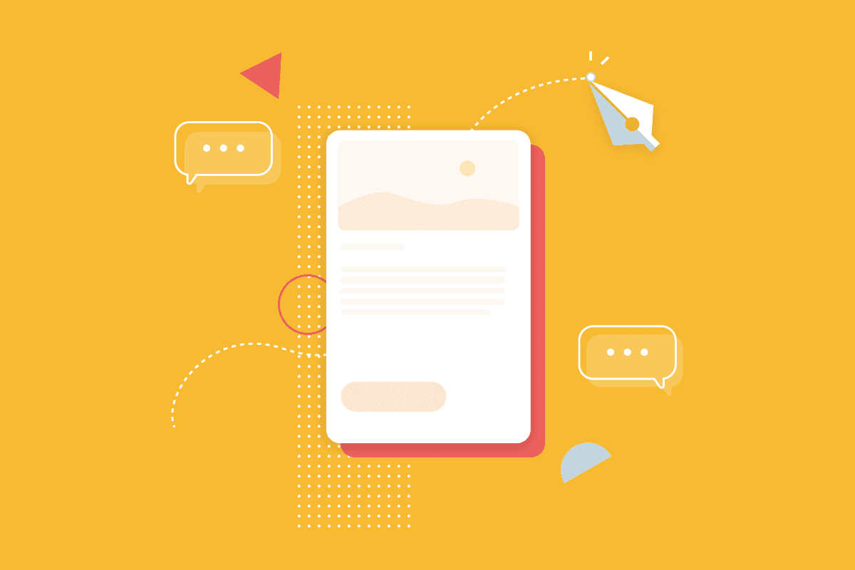 A mobile mockup featuring an image, text, and a button. Around it is a pen tool from a design software, and two speech bubbles. 