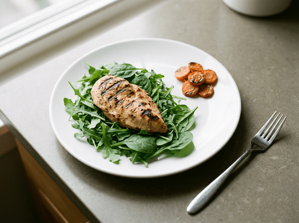 roasted carrot slices on keto dinner plate with grilled protein and greens