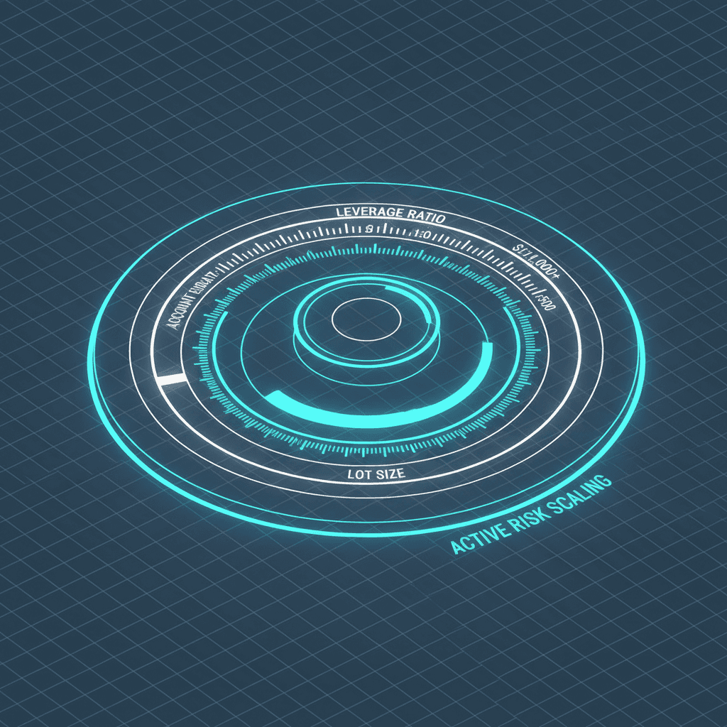 Blueprint schematic of a glowing adjustment dial, symbolizing precision lot sizing for risk scaling in trade copying.