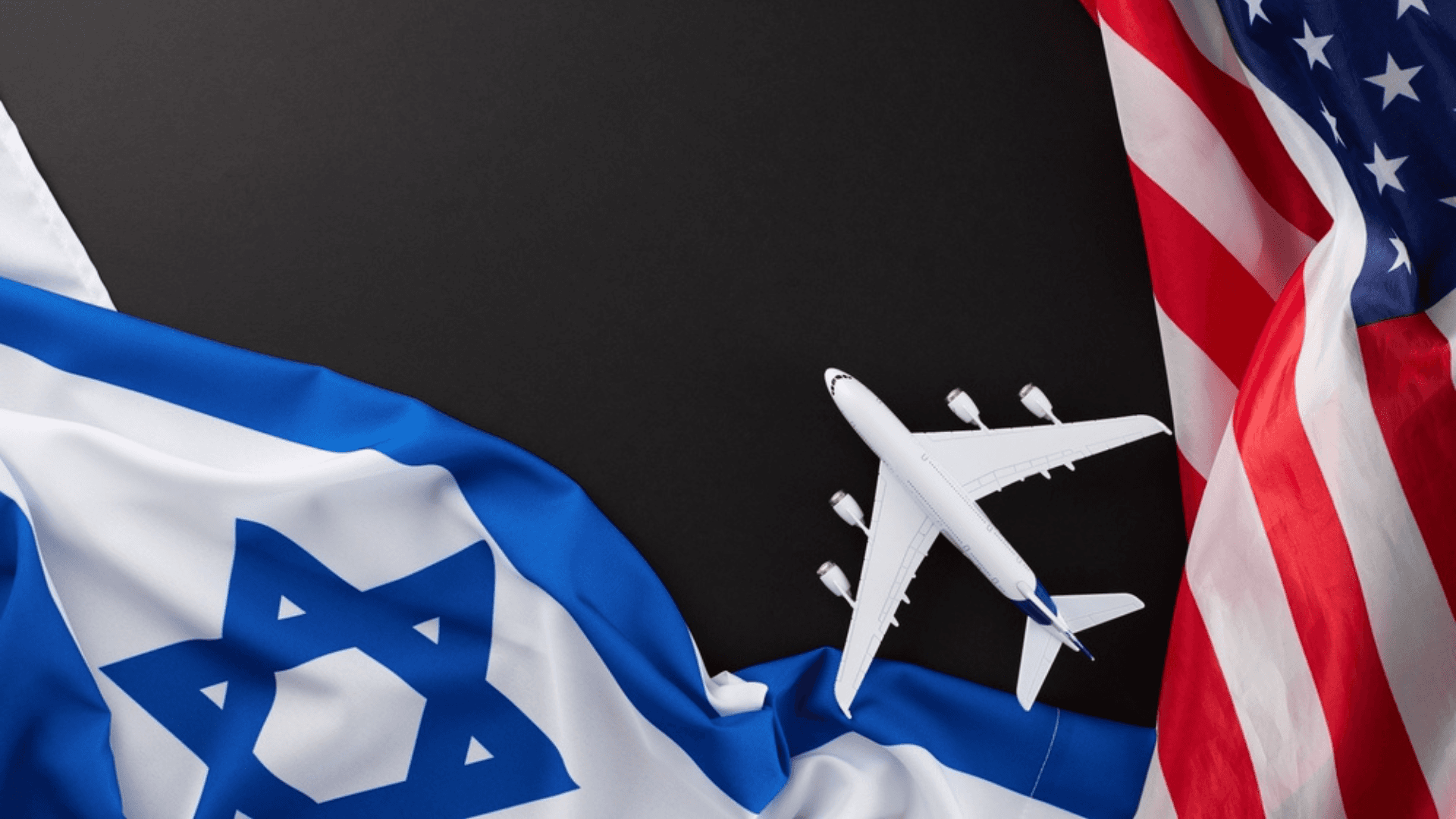 Concerns surrounding the evacuation of Americans from Israel. Top view flat lay of American flag and Israeli flag, airplane on black background with empty space for special message