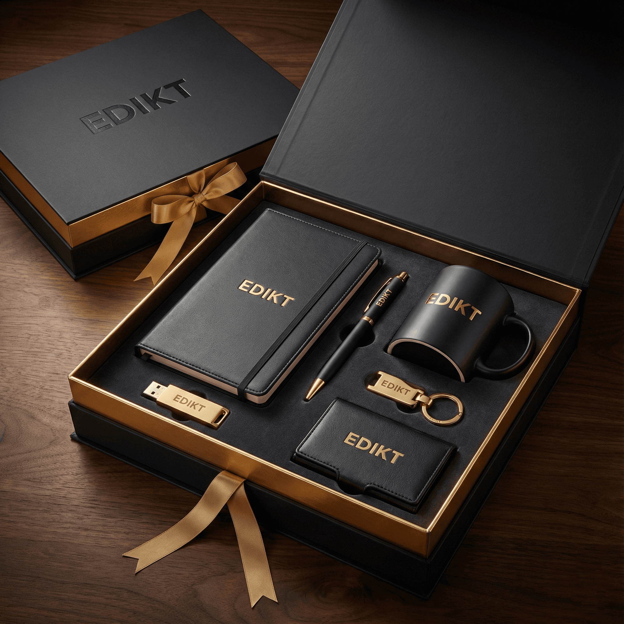 This image represents Edikt Media’s corporate gifting solutions — offering premium hampers and customized branded merchandise to build stronger business connections.