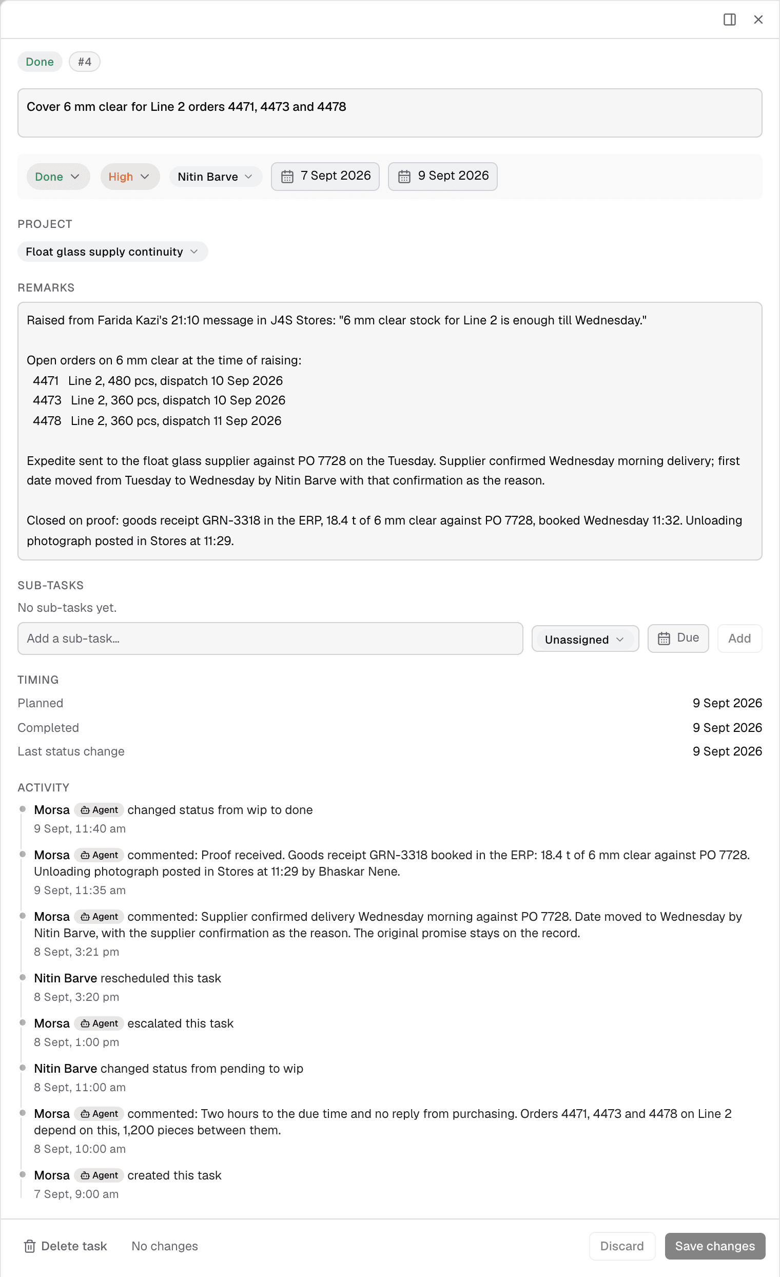 Morsa screen at J4S: the task drawer for a closed purchasing commitment, Cover 6 mm clear for Line 2 orders 4471, 4473 and 4478, whose remarks carry the 21:10 message that raised it, the three orders it covers, the expedite against PO 7728, the date move, and the goods receipt that closed it, with the same story repeated below as an activity trail.