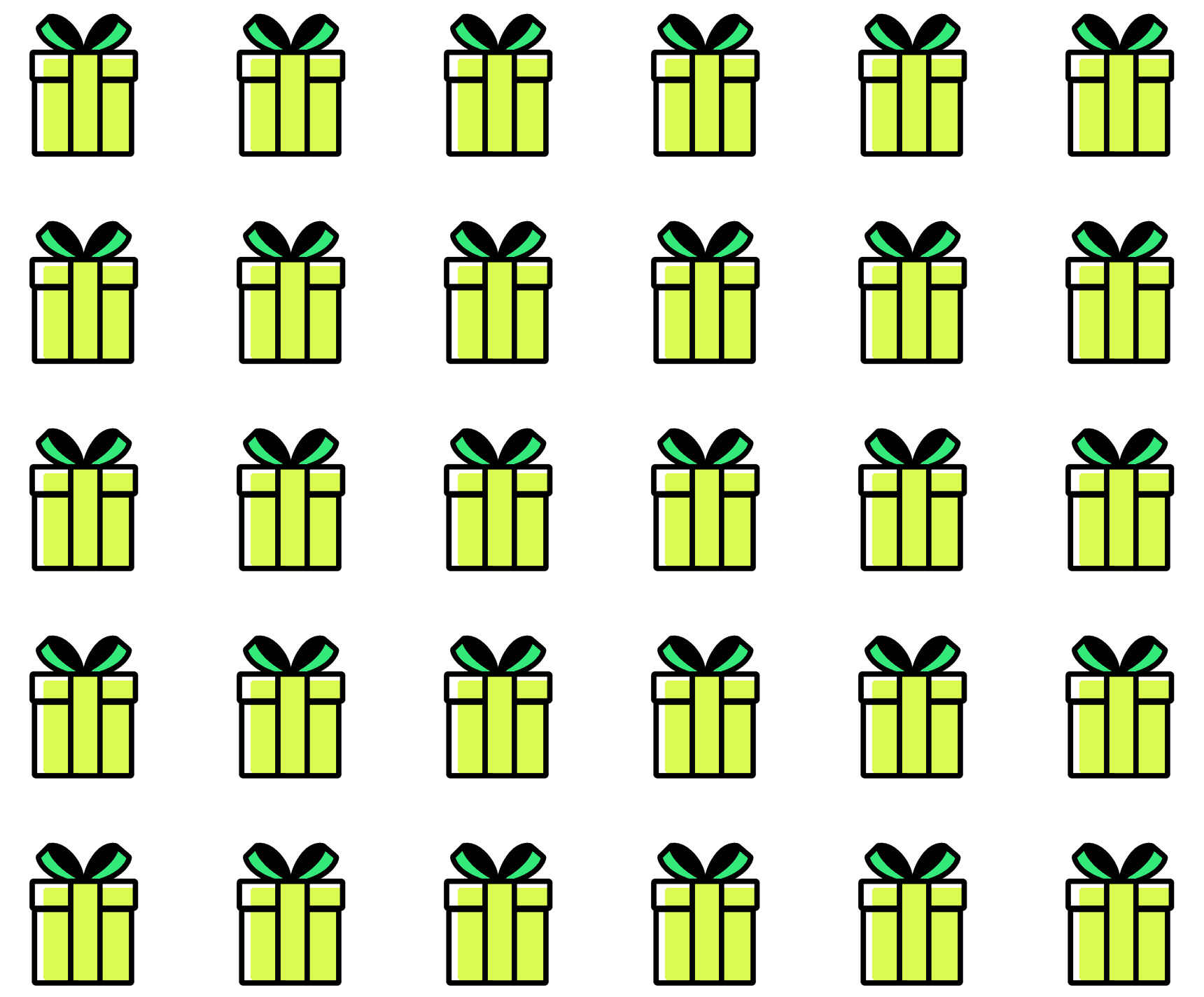 Multiple repeating yellow gift boxes with green bows are uniformly arranged on a transparent background.