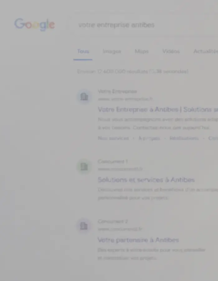 Arrière-plan flouté d’une page de résultats Google illustrant le référencement naturel et la visibilité d’une entreprise.