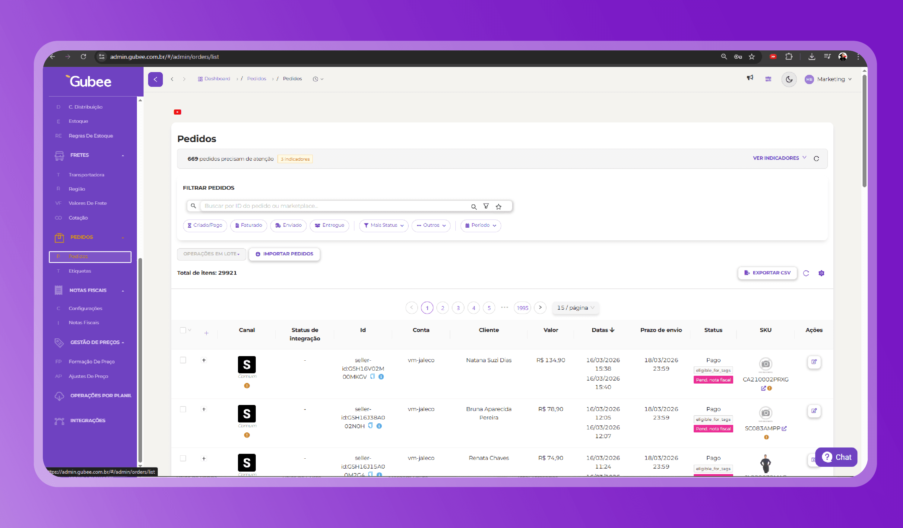 Pedidos no Painel Gubee