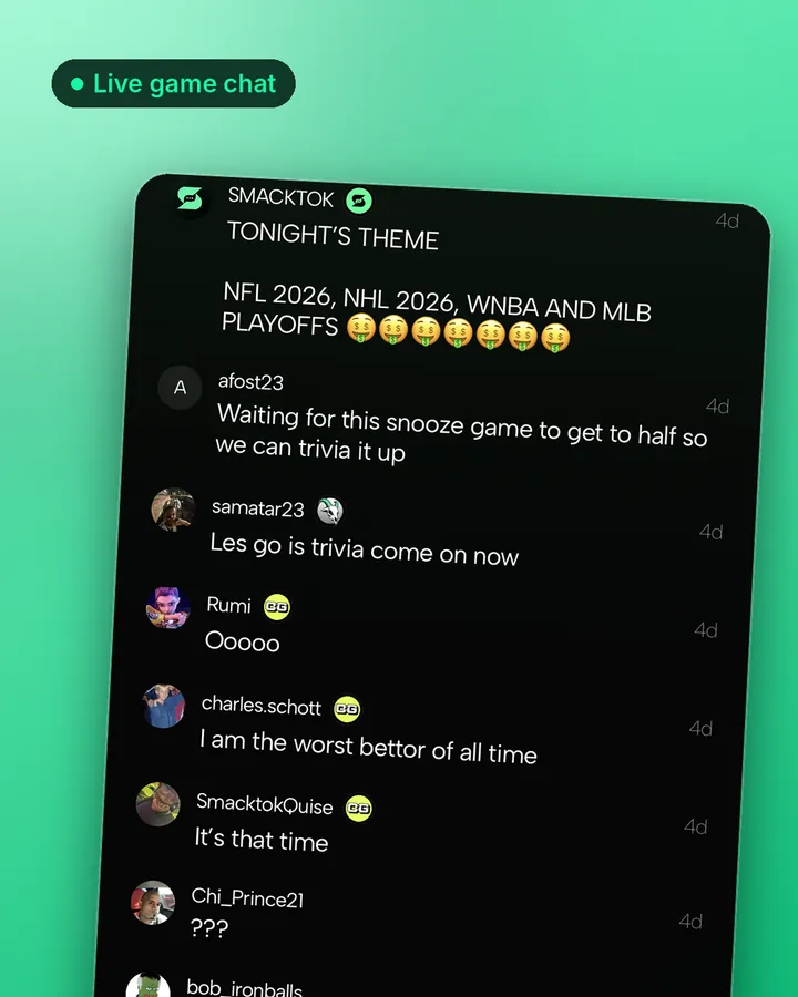 SmackTok live game chat with fans hyping trivia night
