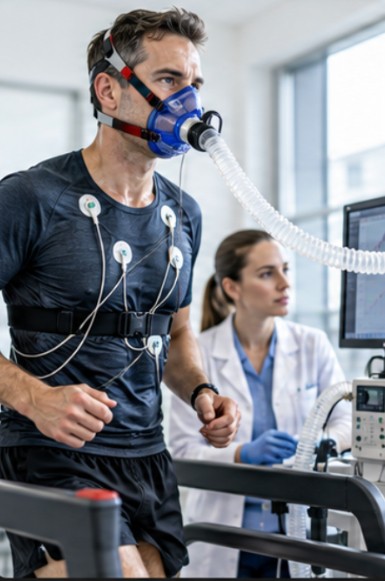 Patient on a treadmill during a VO2 max test