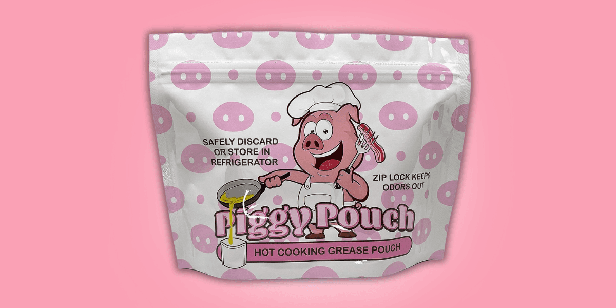 Piggy Pouch product packaging showcasing its convenient, eco-friendly solution for safely storing and discarding cooking grease without odors.