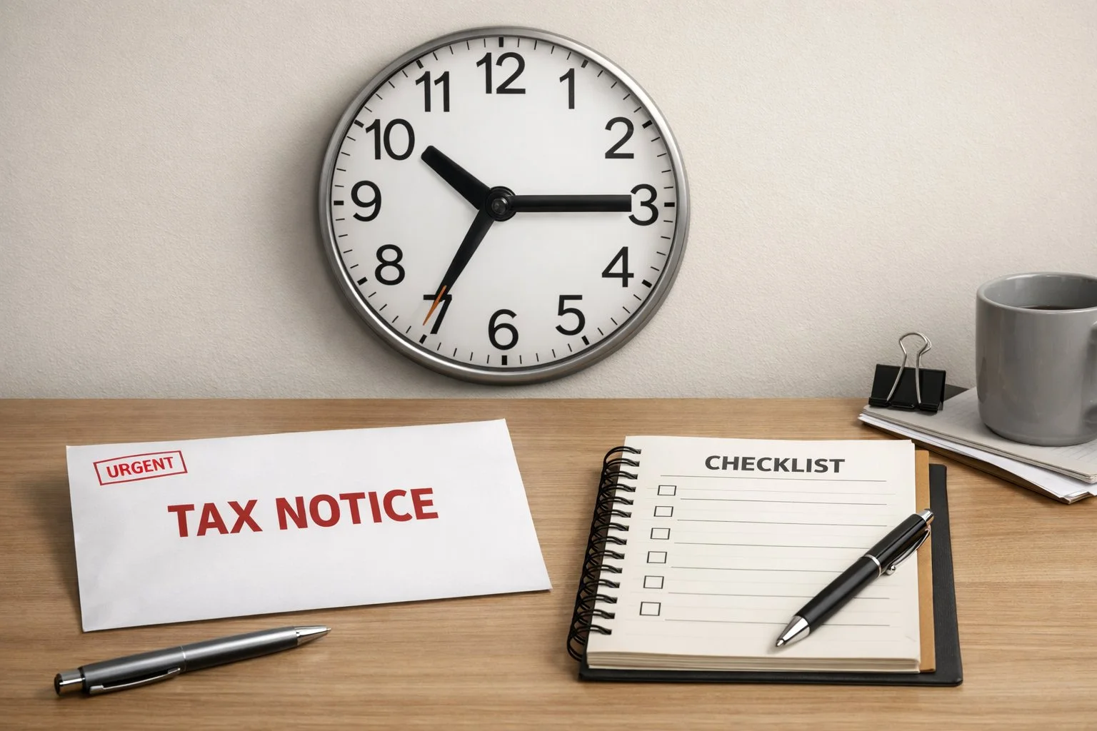 Realistic desk with a tax notice envelope, wall clock showing time passing, and a checklist notebook, conveying a sense of urgency without panic.