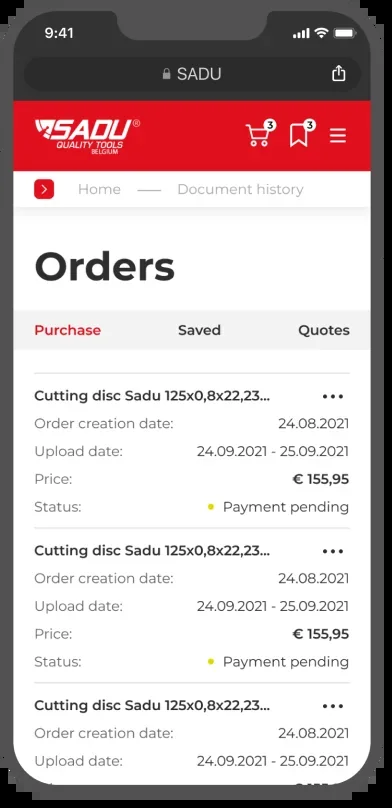 SADU mobile orders list with status filters