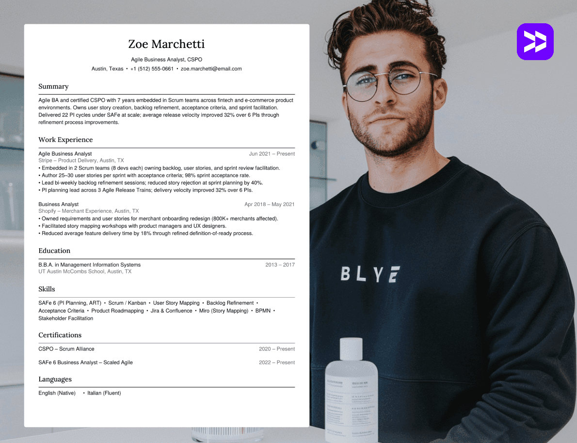 Business analyst CV example in professional office setting