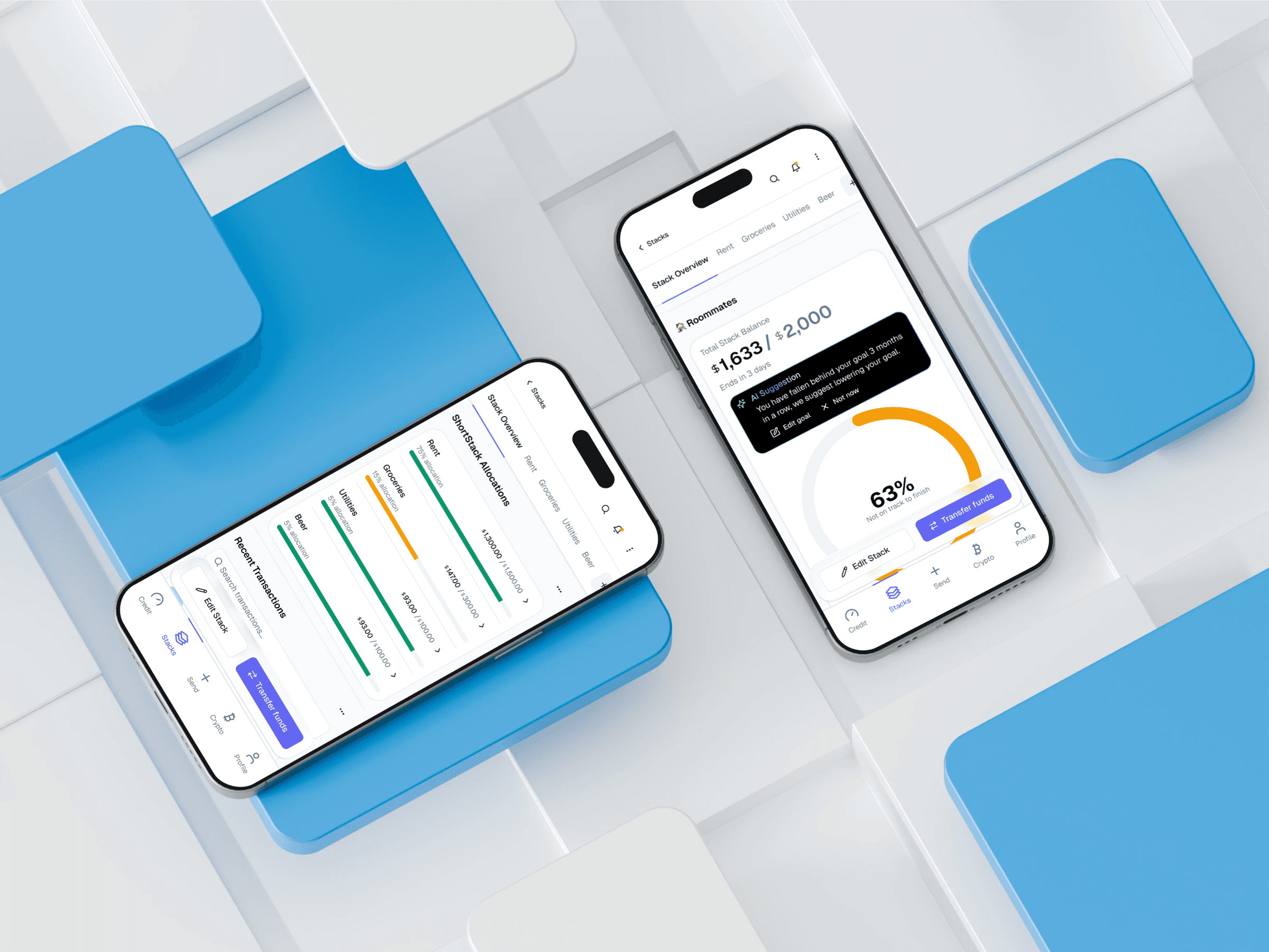 WeStack app showing shared money stacks, group contributions, and progress toward a $2,000 goal