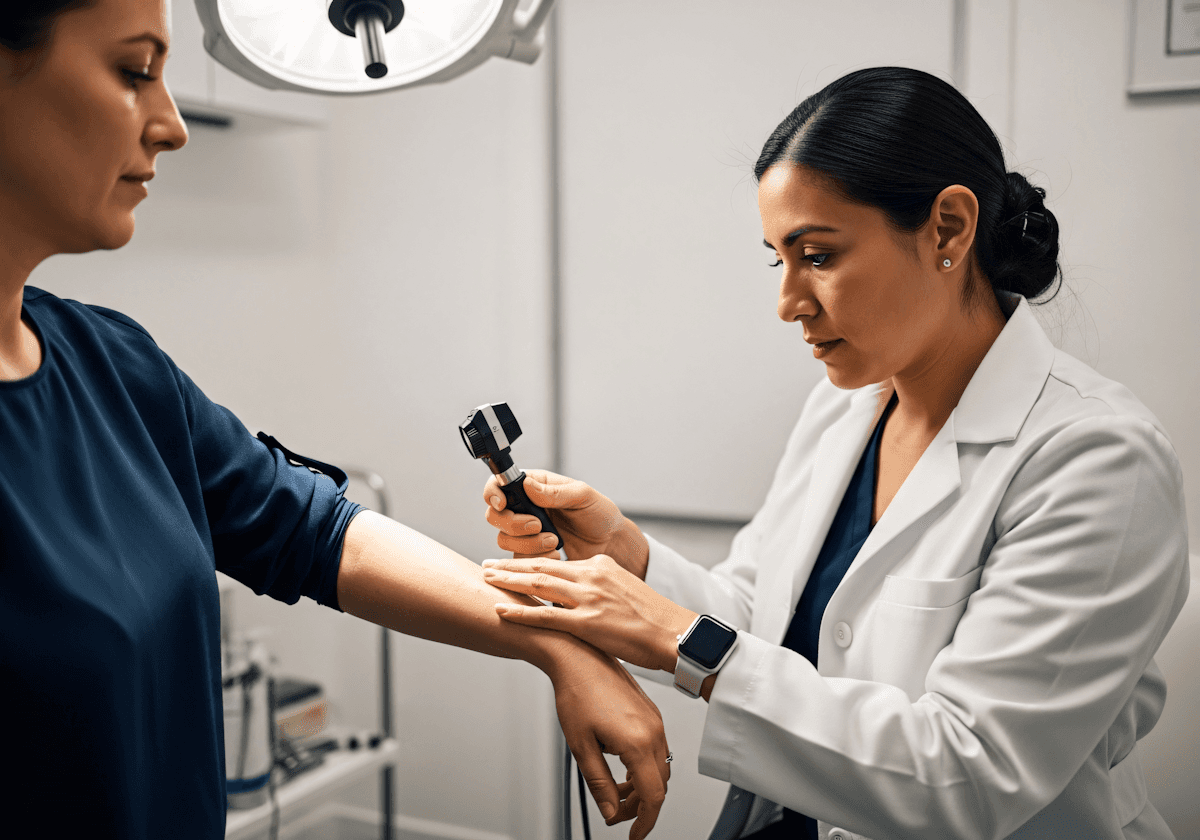 Dermatologist checking a patient's skin