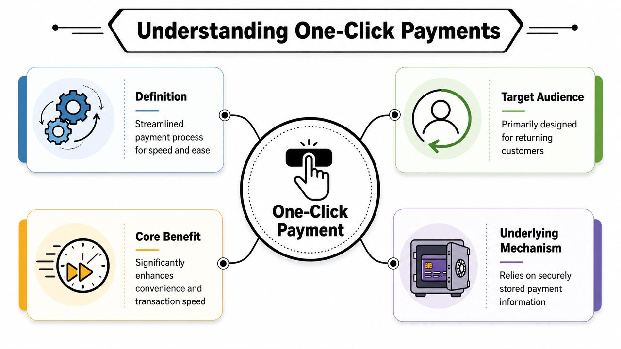 An infographic titled Understanding One-Click Payments detailing its definition, target audience, core benefits, and underlying security mechanism.