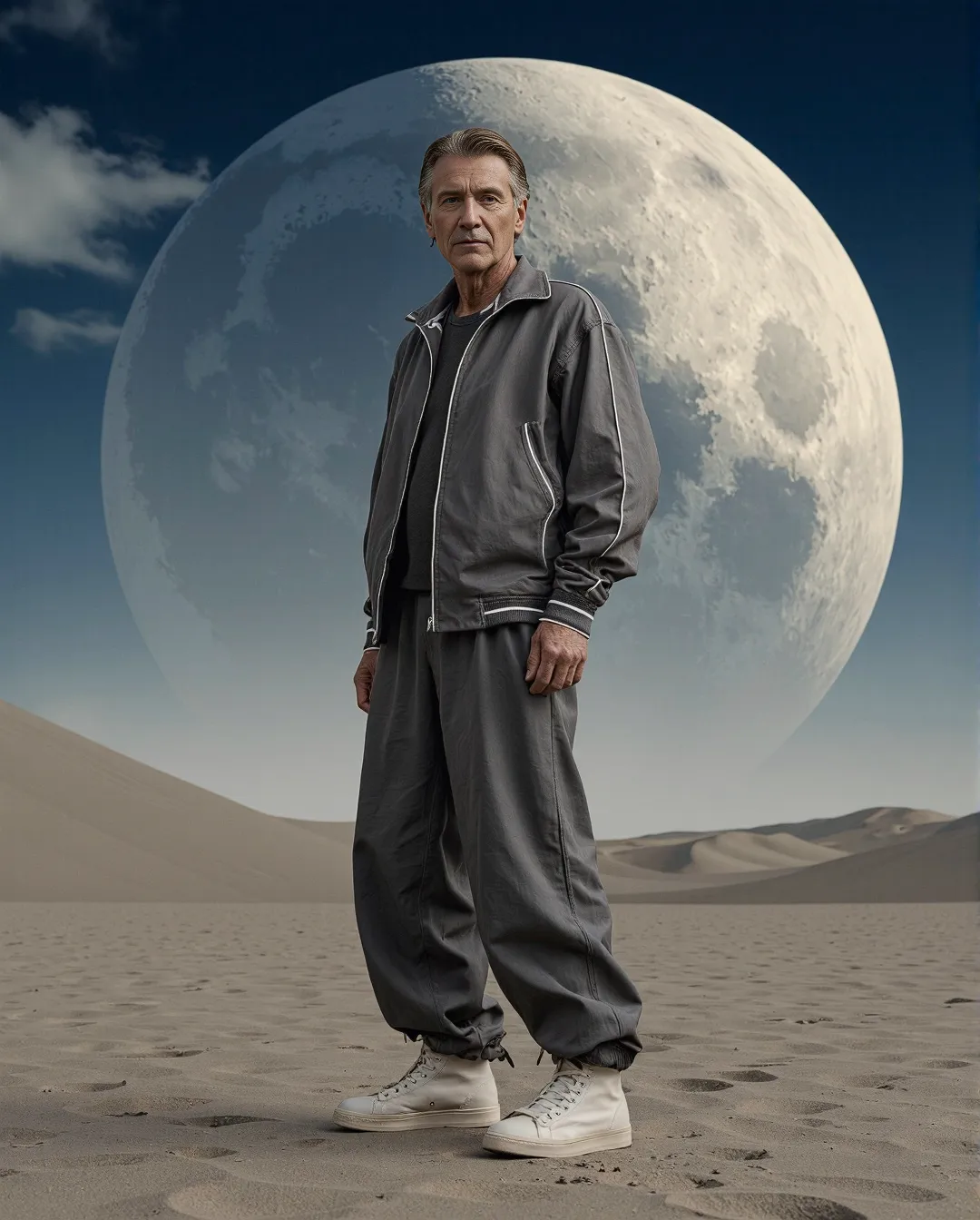 Dramatic desert scene featuring a person in gray athleisure outfit standing against an enormous moon backdrop with sand dunes