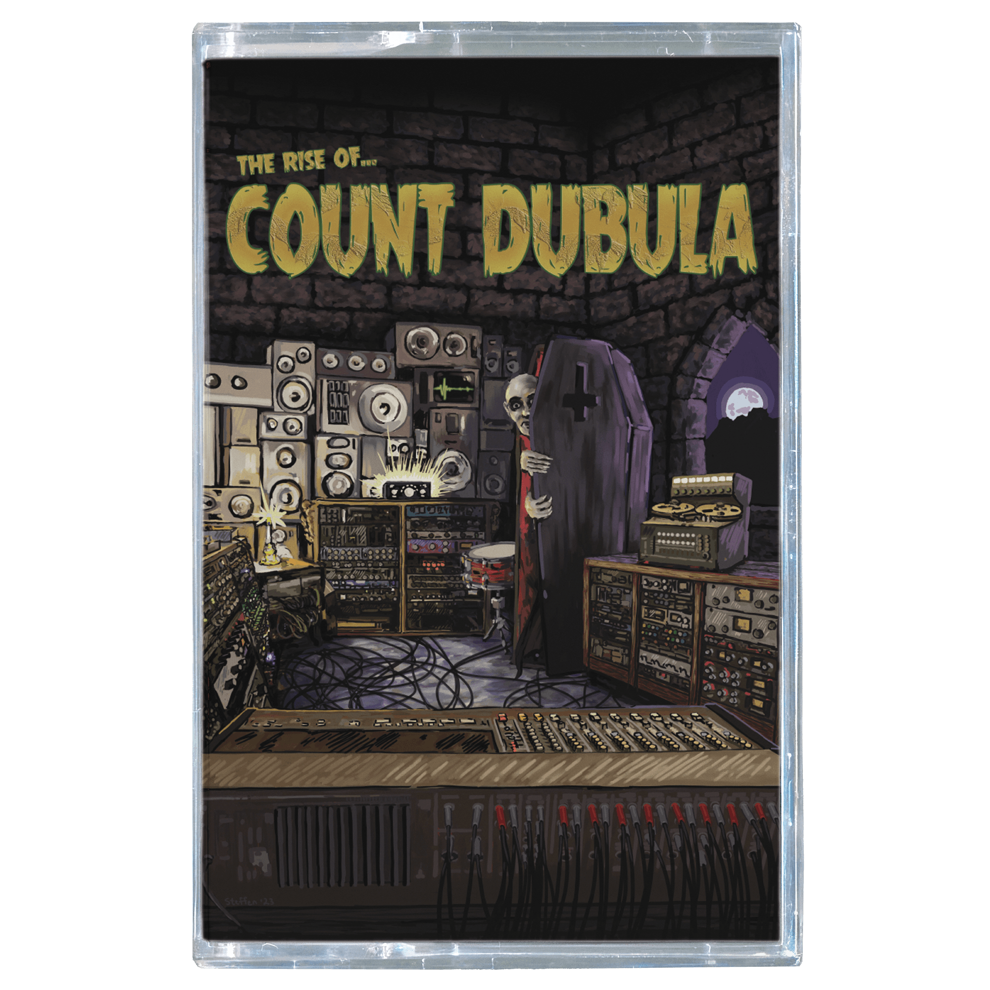 Cassette tape cover with a dark room filled with electronic equipment and a ghostly figure, titled 'The Rise of Count Dubula'.