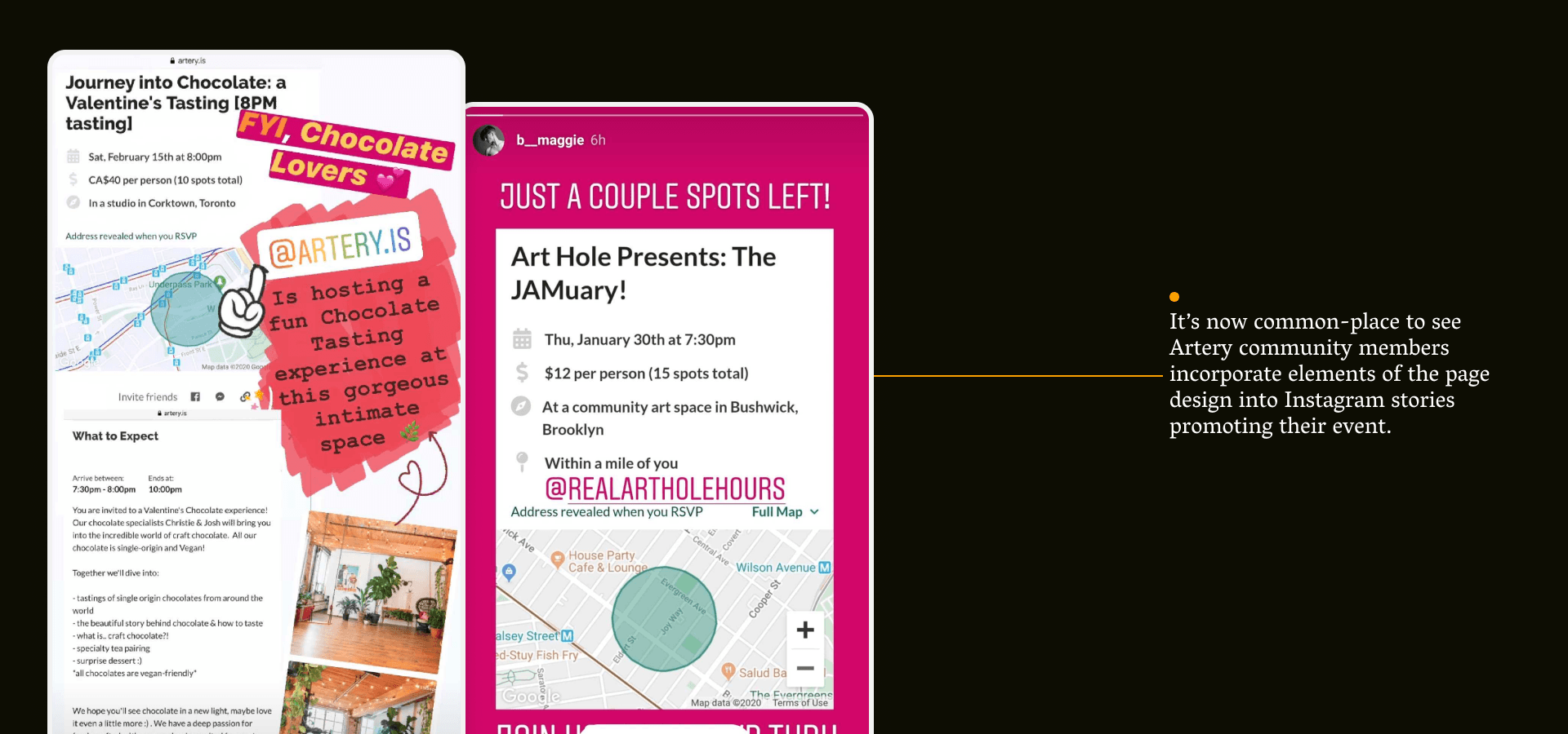 Two screen captures of Artery user’s Instagram stories that feature the final interface.