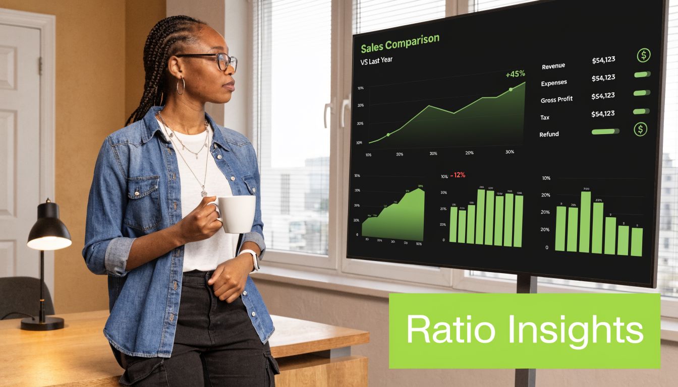 A professional woman in a denim shirt holding a mug while looking at business data screen charts.