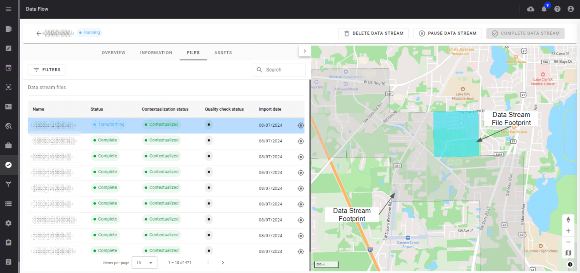 File table with columns for Name, Status, Contextualization status, Quality check status, and Import date, accompanied by an interactive 2D map displaying the cyan rectangular geospatial footprint of each file.