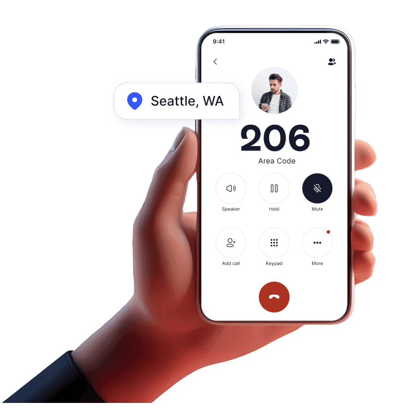 Hand holding mobile device with incoming call from 206 area code using LinkedPhone 2nd phone number mobile app