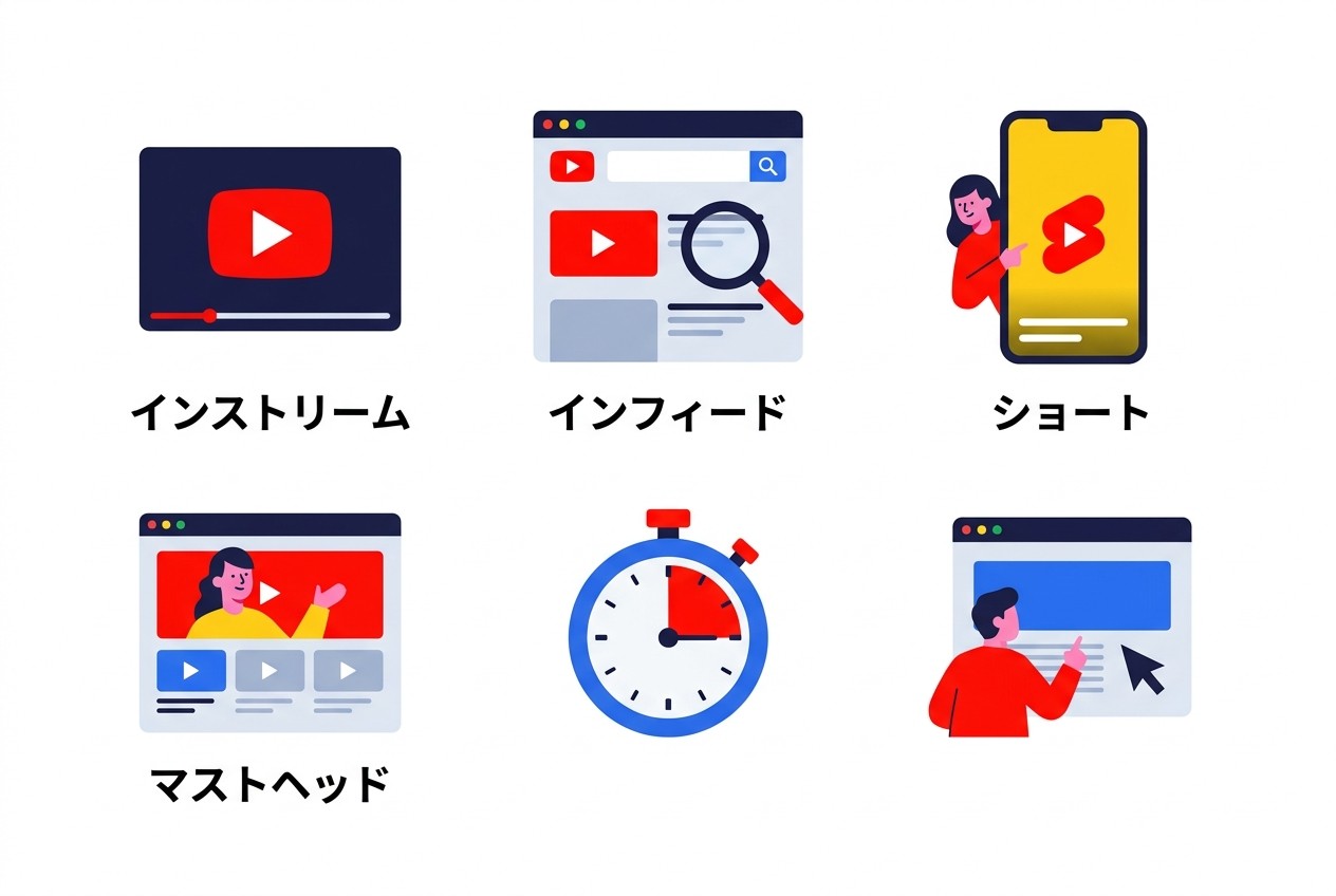 YouTube広告の6つの主要フォーマット。インストリーム広告が最も汎用性が高く、月額50万円以下の予算でも効果を期待できる。マストヘッド広告は大企業向けで最低出稿額が月額200万円程度。