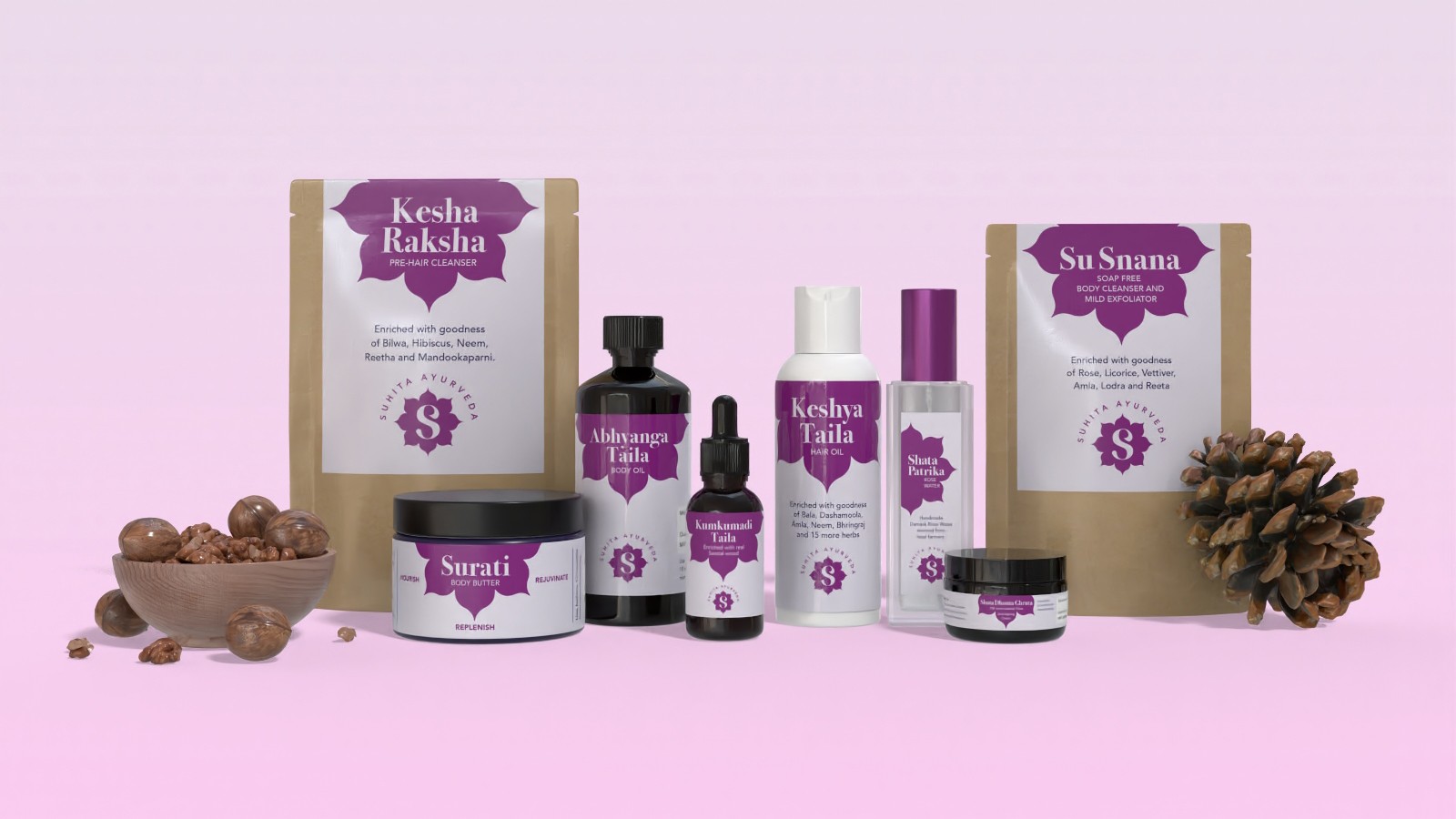 Ayurvedic product lineup by Suhita Ayurveda including oils, powders, and wellness formulations