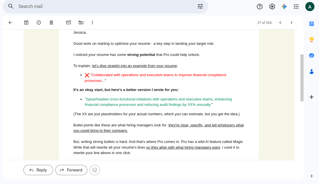 The email of free resume reveiw from TopResume