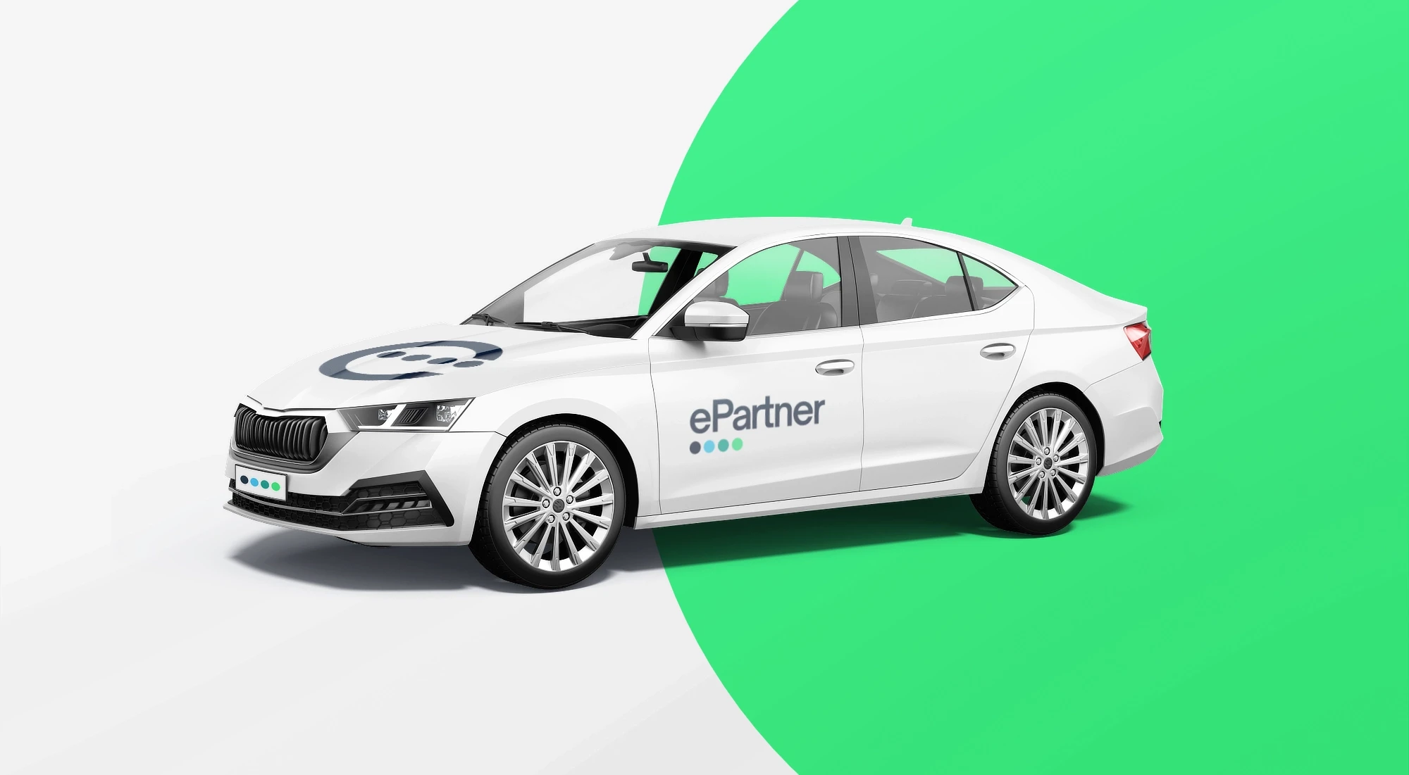 A front-three-quarter perspective mockup of a corporate car featuring the ePartner SaaS brand vehicle wrap design by Studio Liminal.