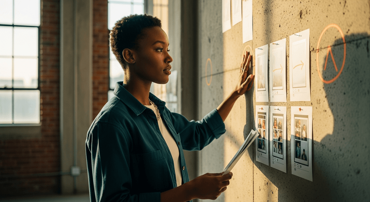Creative director reviewing photo contact sheets pinned to concrete wall with red annotation circles and arrows, holding documents in sunlit industrial studio workspace
