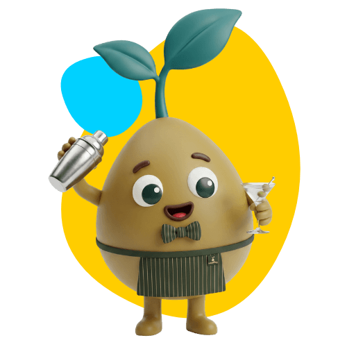 Thankyou Payroll's small business mascot dressed as a casual worker. They are holding a cocktail shaker and a cocktail glass.