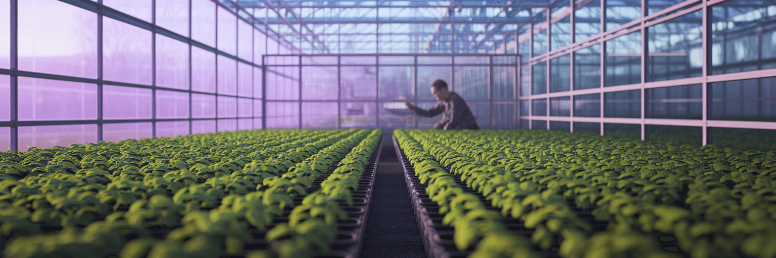 Person inspecting saplings in greenhouse.
