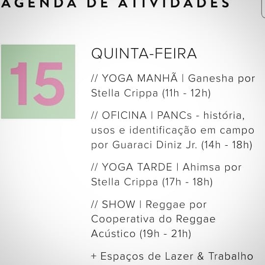 Programação de quinta-feira 15: yoga, oficina de PANCs com Guaraci Diniz Jr. das 14h às 18h e show de reggae