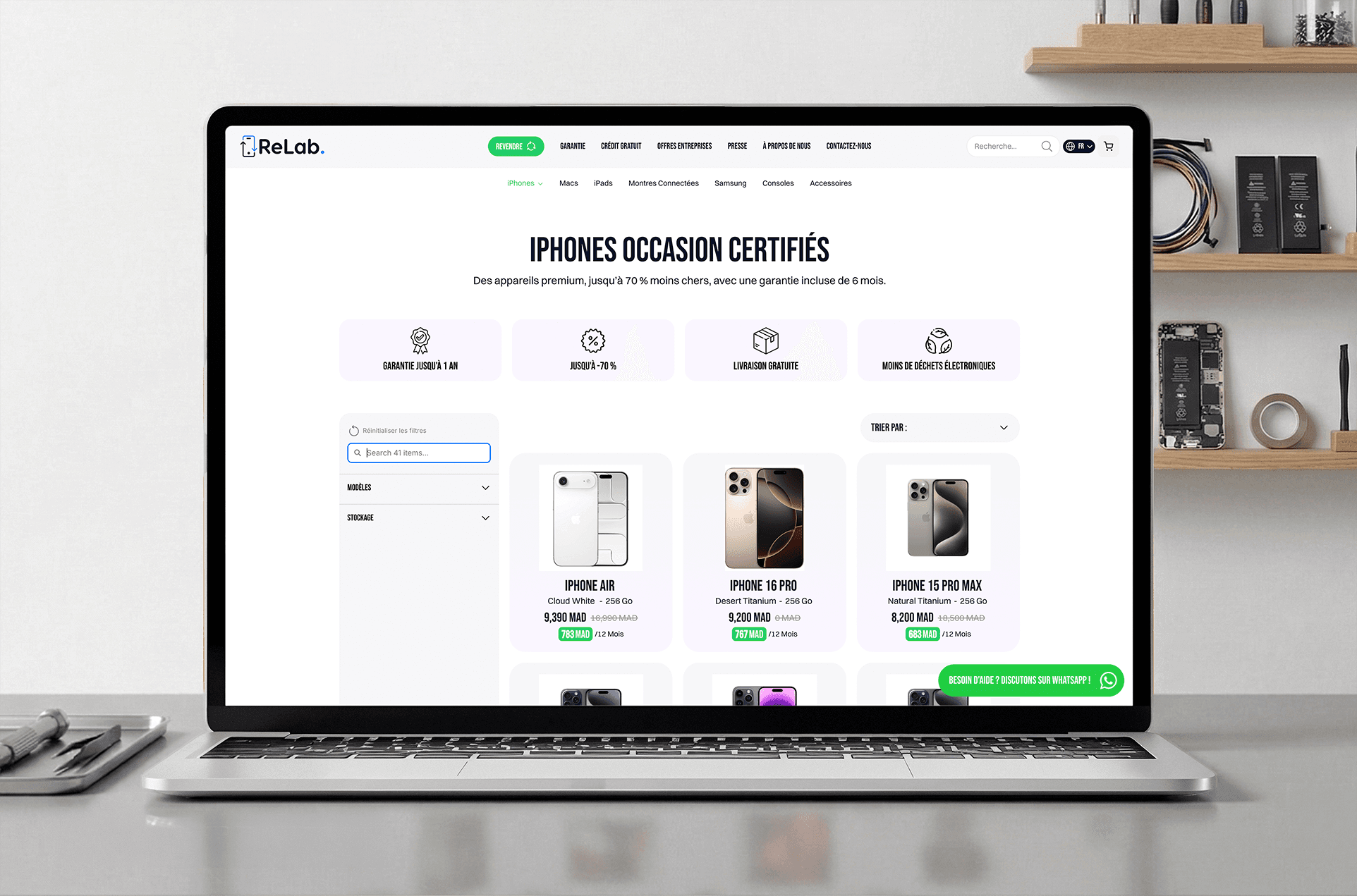 La page catalogue avec la liste des produits du site Relab.ma par Novaa.studio.