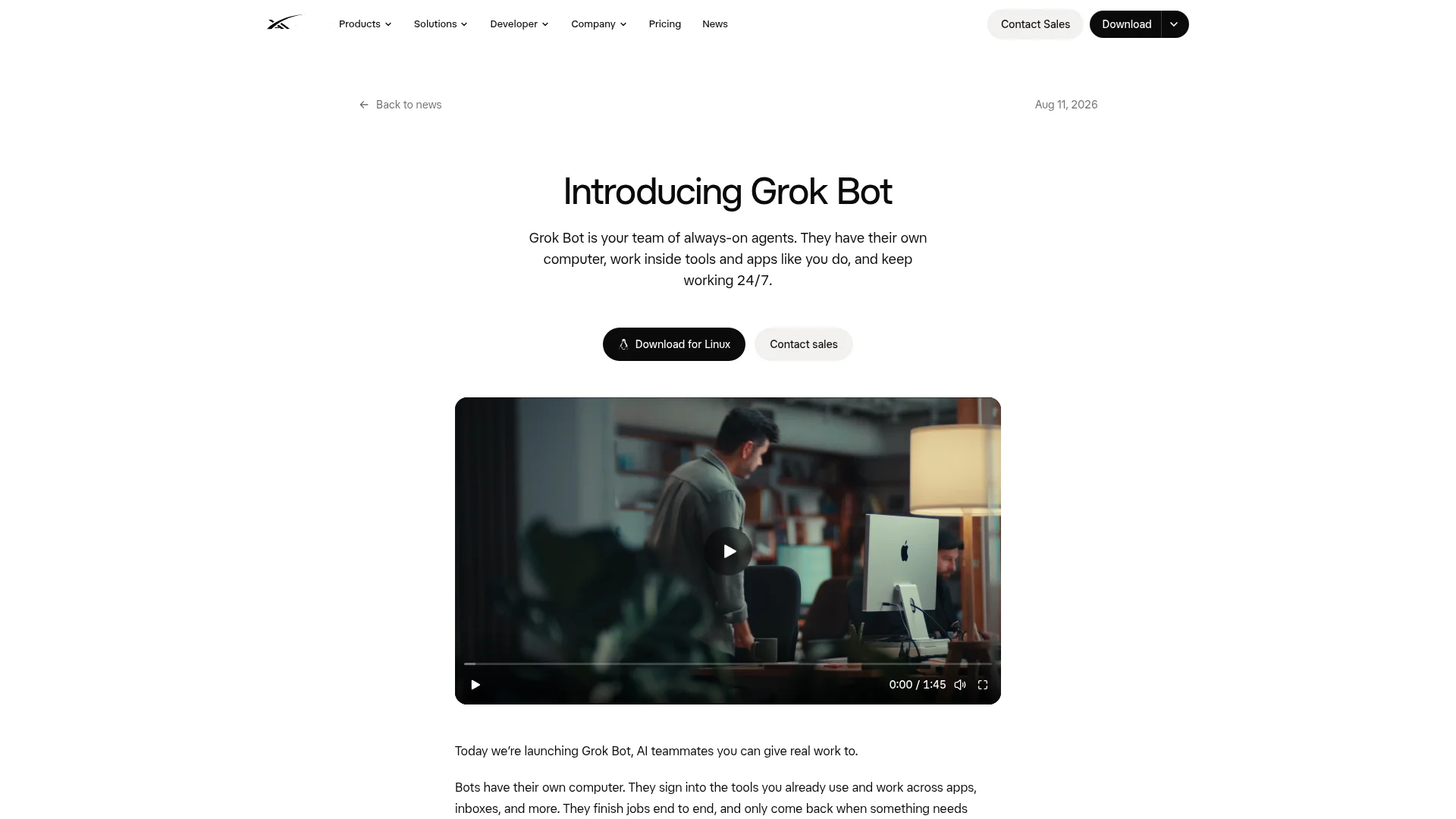 xAI announcement page introducing Grok Bot, a team of always-on agents