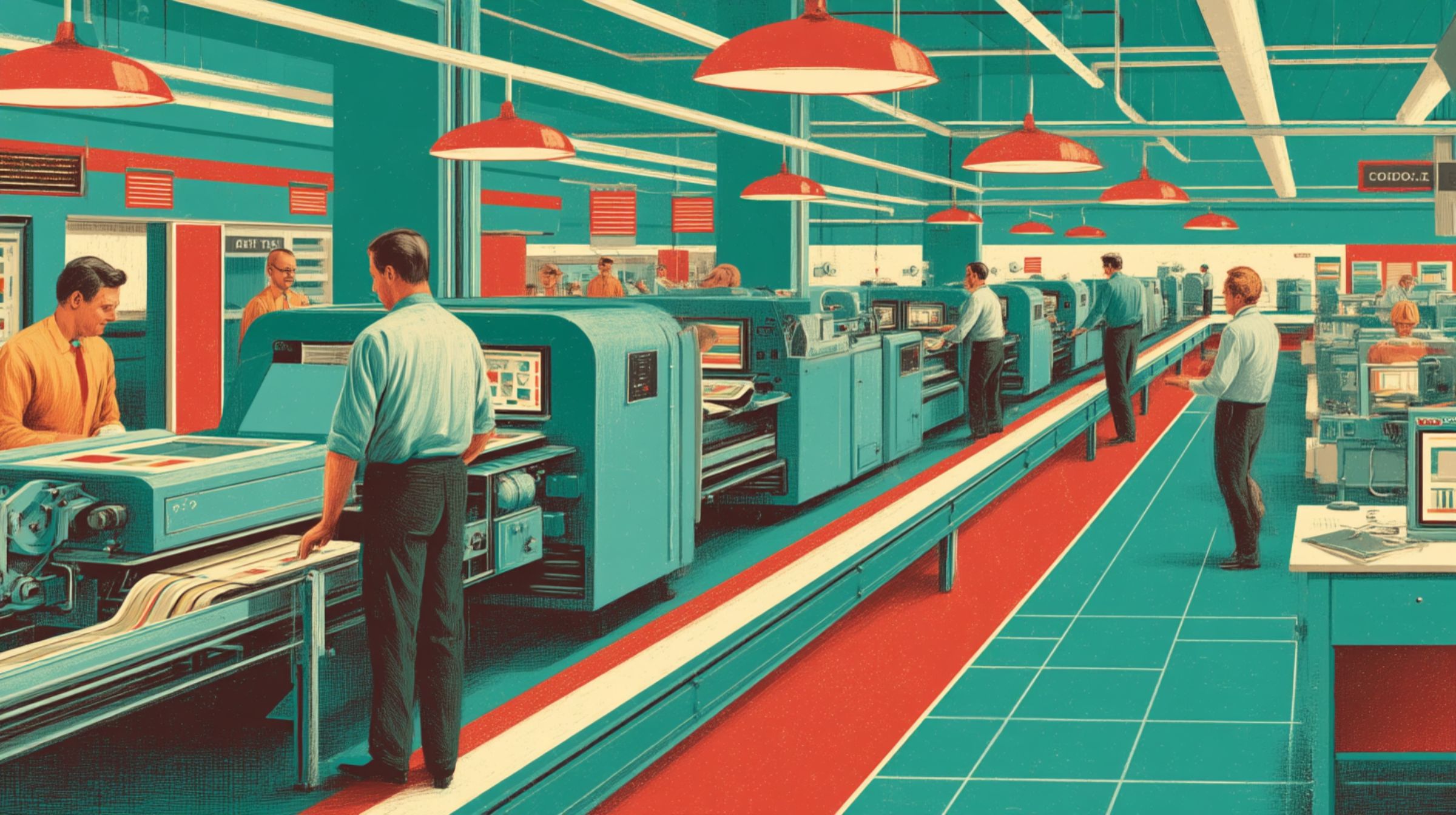 A sleek mid-century production floor hums with precision as workers tend to massive printing presses — creativity becomes organized.