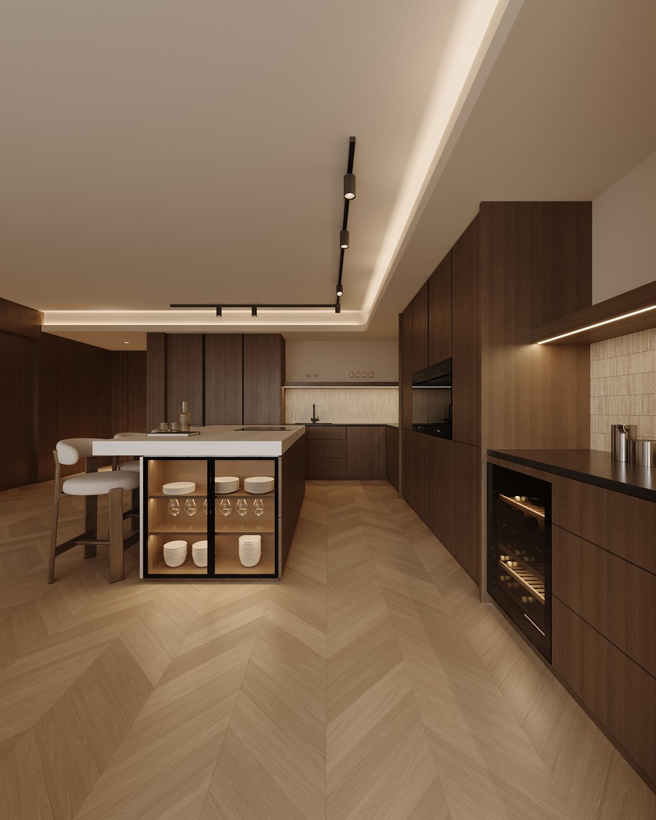 Modern kitchen with wooden cabinetry, sleek appliances, and warm lighting, featuring a spacious layout and stylish design.