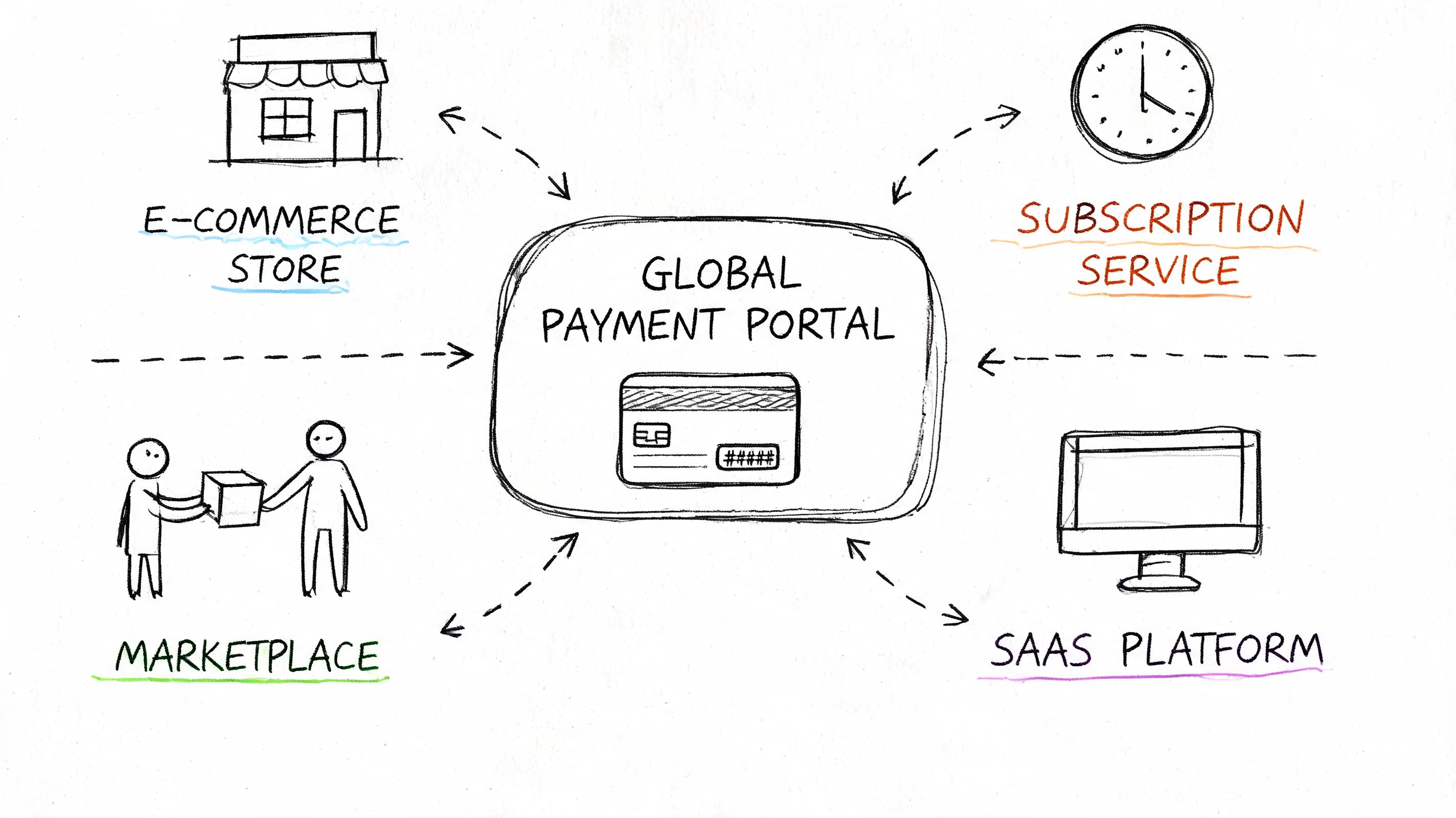 Hand-drawn illustration of a global payment portal connected to e-commerce, subscription, marketplace, and SaaS business models.