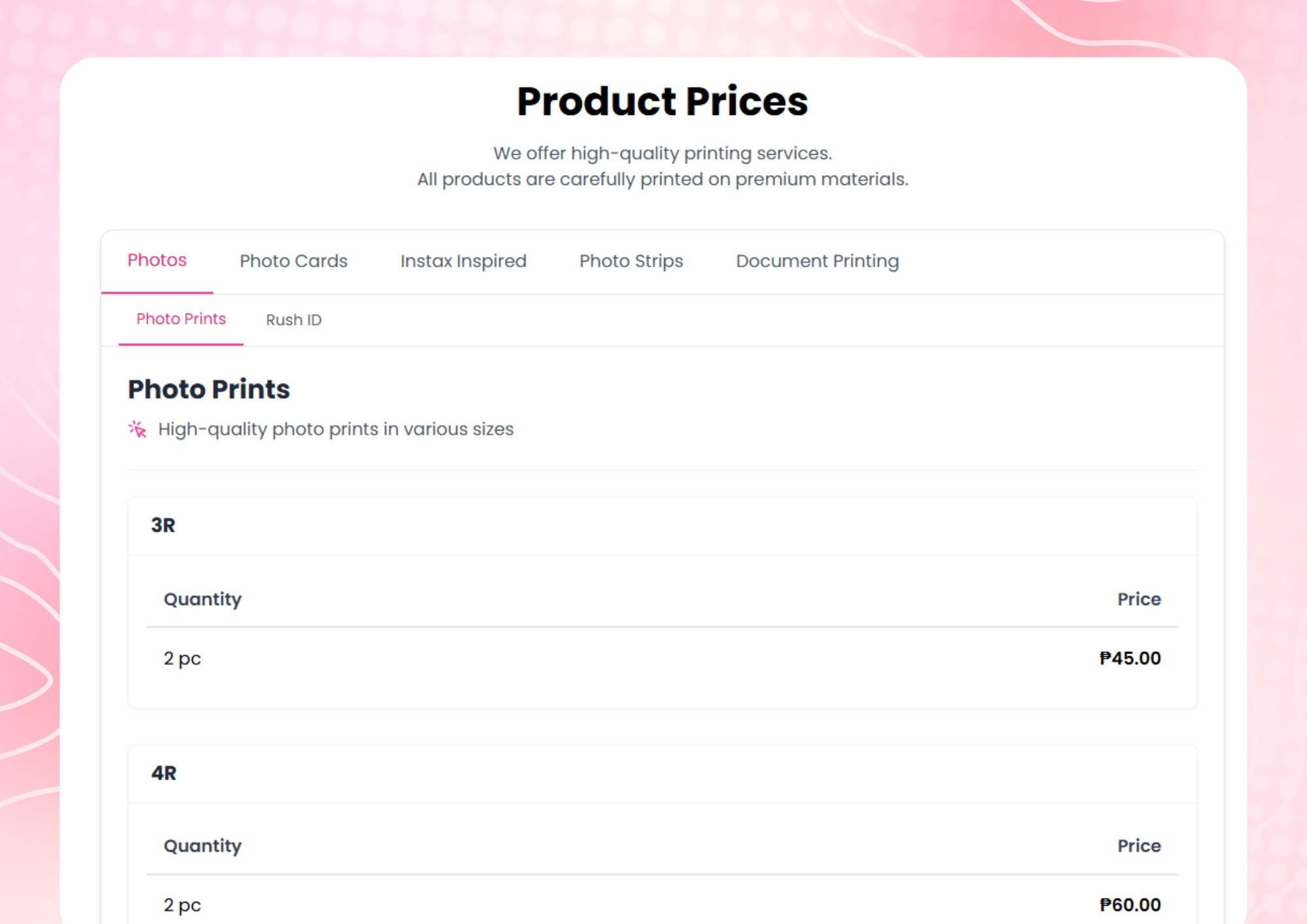 Price List Section