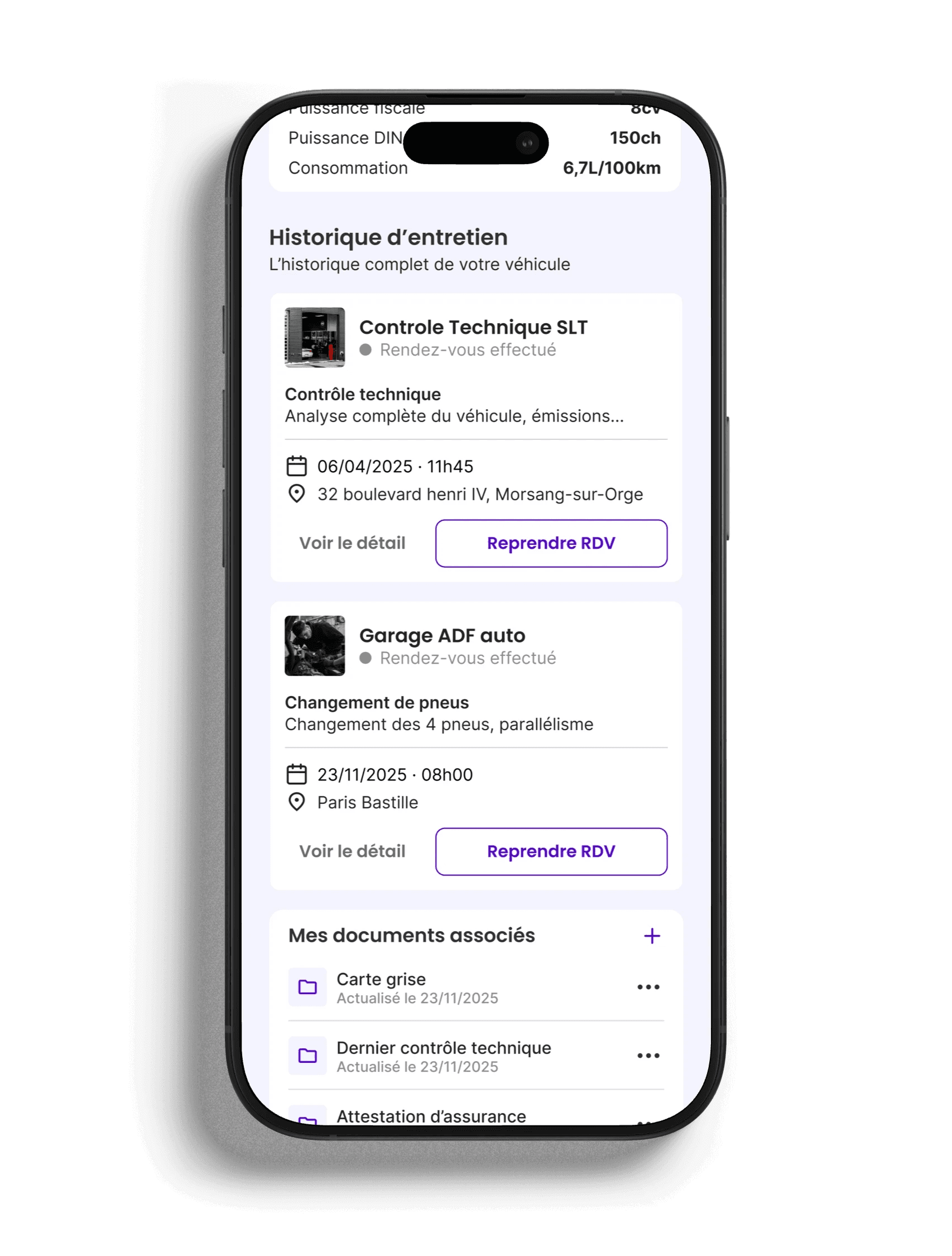 Historique d’entretien automobile affichant contrôles techniques et interventions passées
