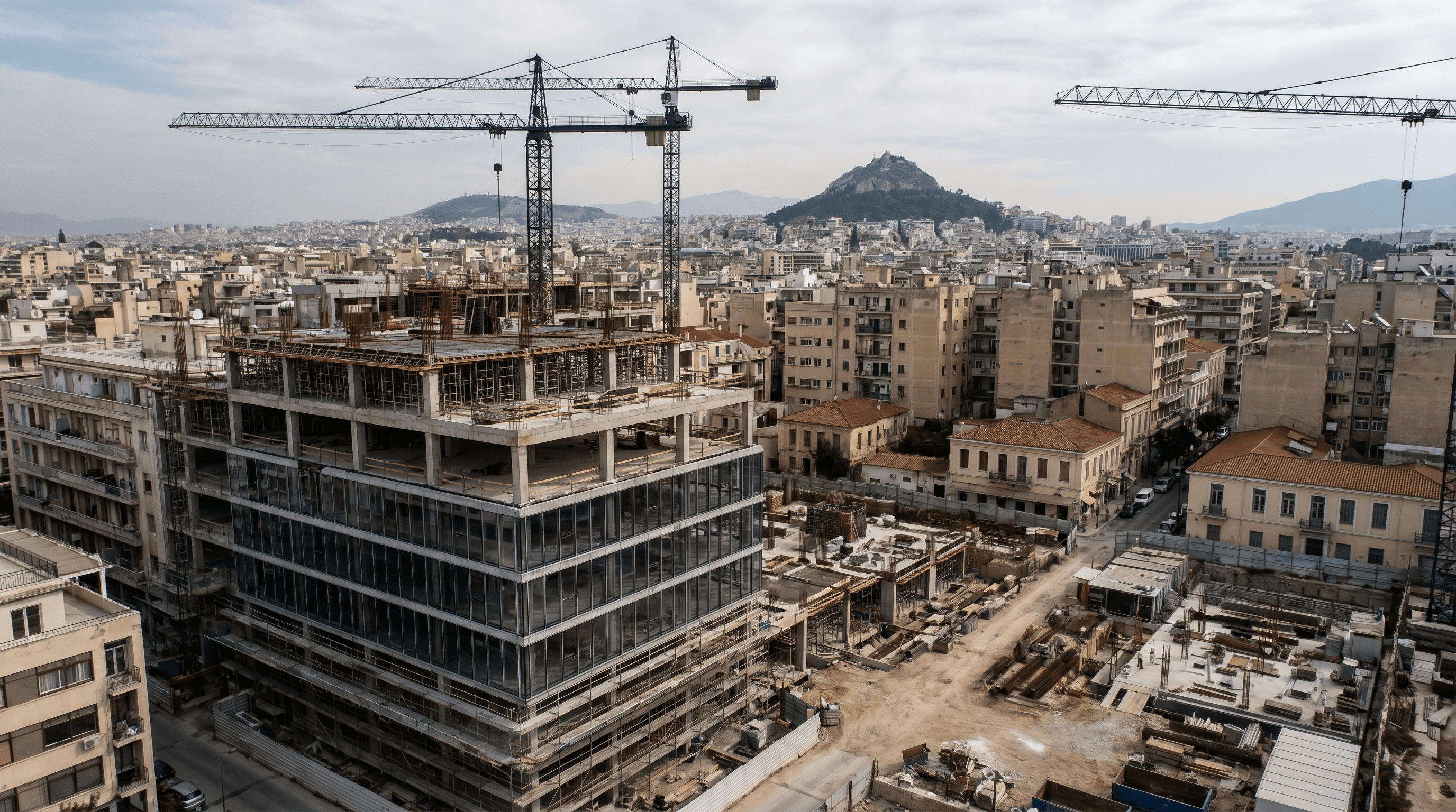 Aerial drone view of a modern Greek residential development under construction in central Athens, with Mount Lycabettus and the Athens skyline visible behind, dramatic morning light — marketing budget benchmarks for Greek property developers in 2026