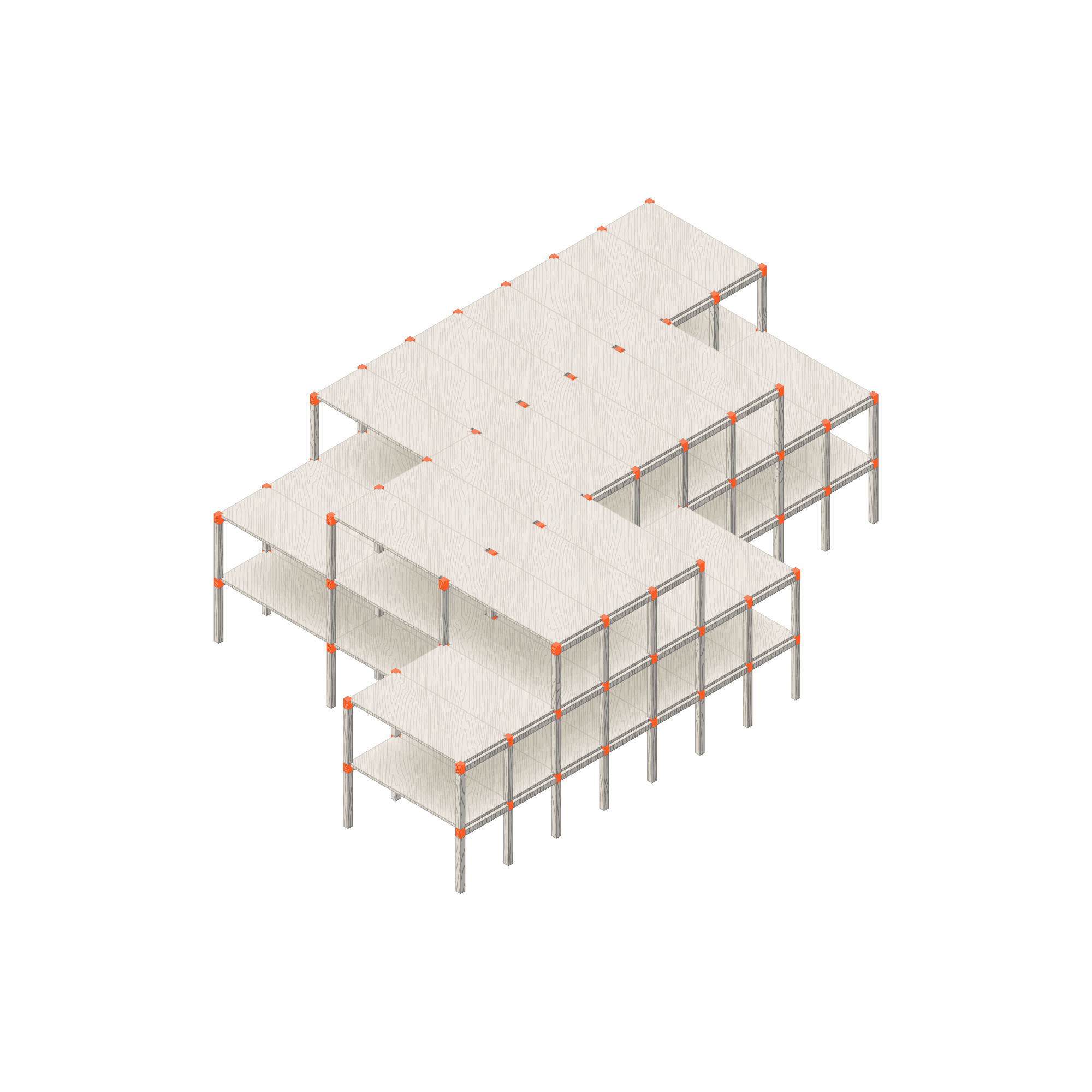 Isometric illustration of a multi-level timber chassis, displaying a structural framework made up of interconnected beams, columns, and floor panels with orange joint elements, representing the core support system in TMBR’s modular construction approach.