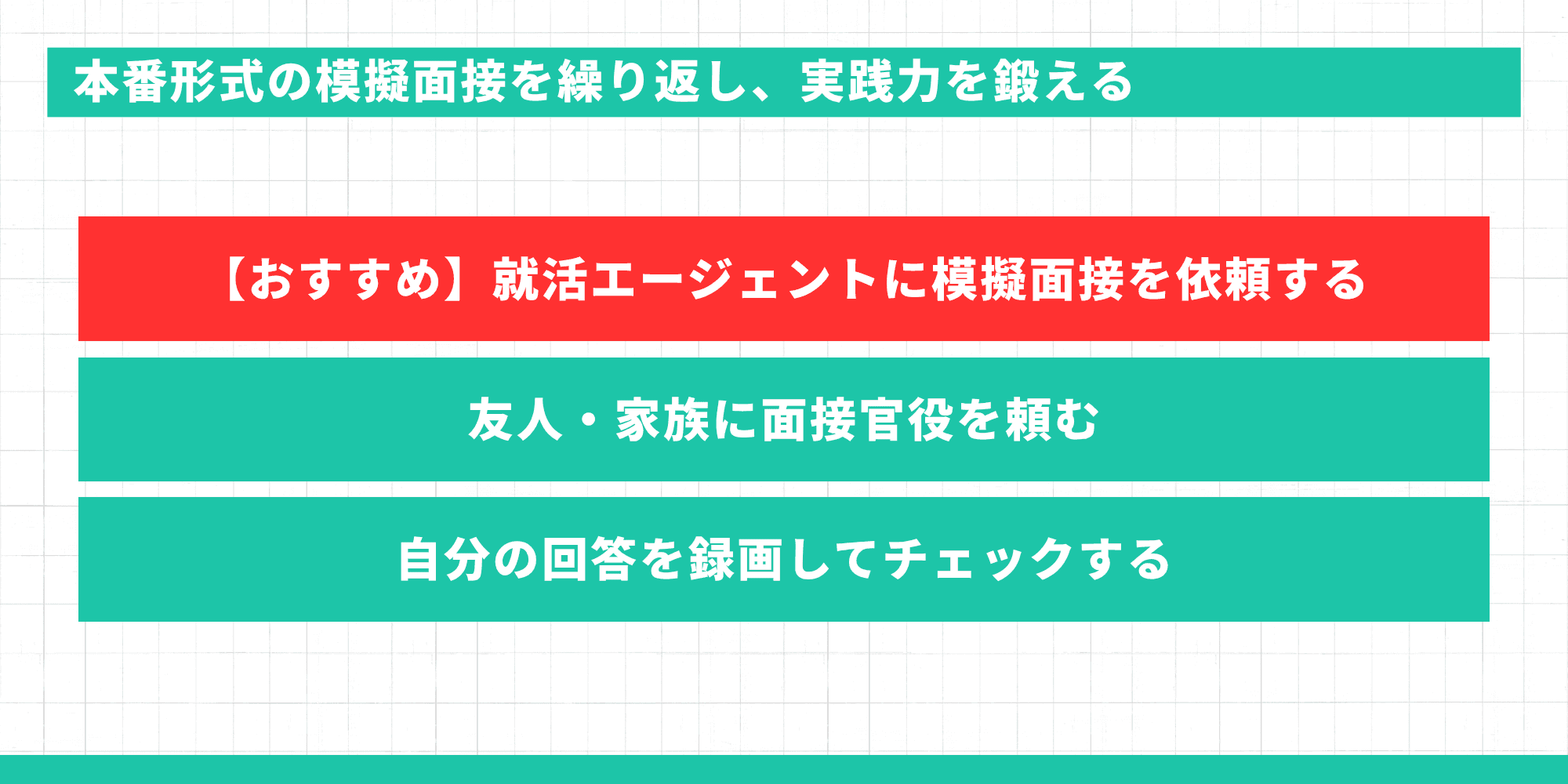 本番形式の模擬面接を繰り返し実践力を鍛える方法：エージェントに依頼、友人・家族に頼む、録画してチェック