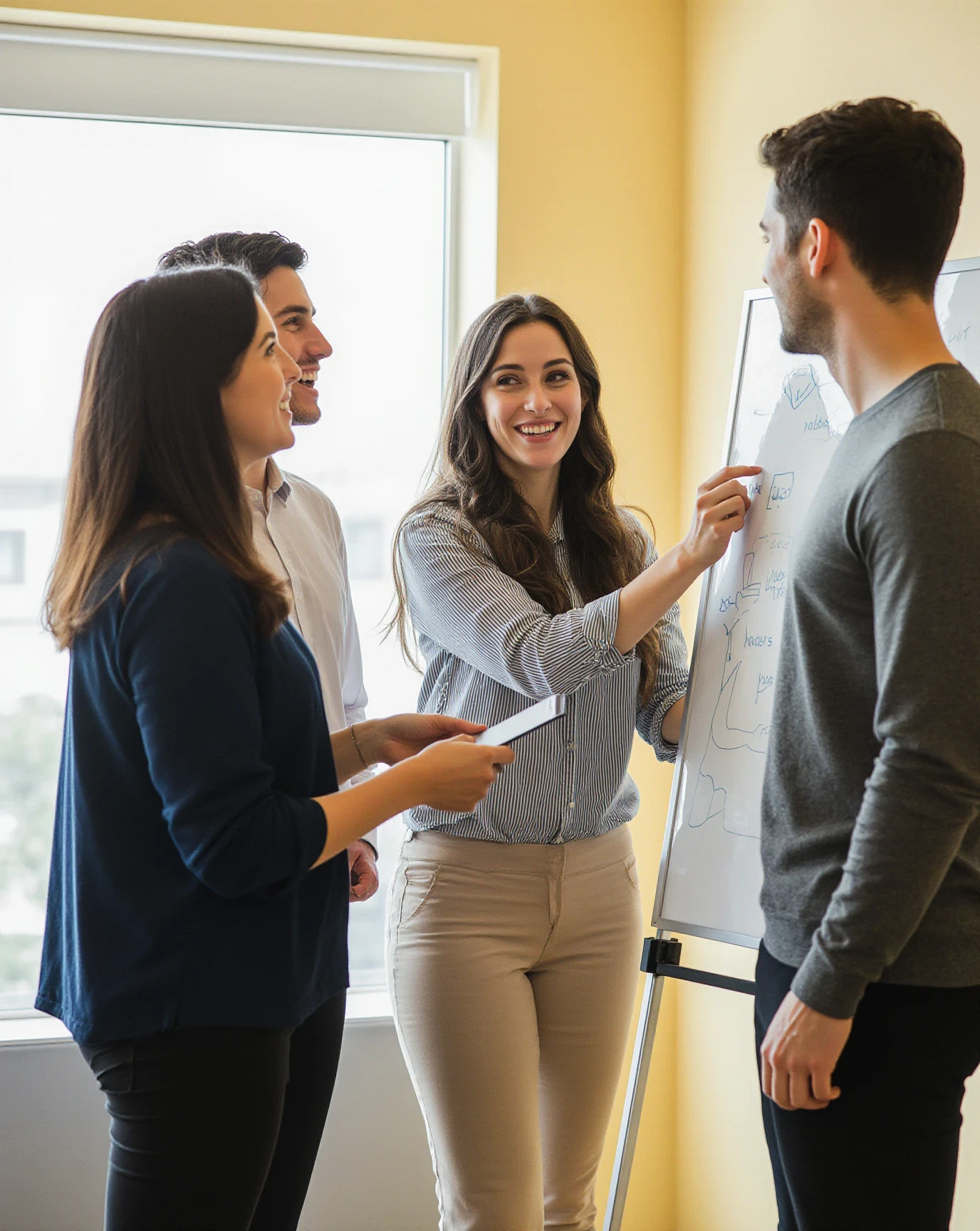 Creative office scene with 4 casual people smiling collaborate at the whiteborad, featuring blurred yellow and teal decor and a relaxed atmosphere.