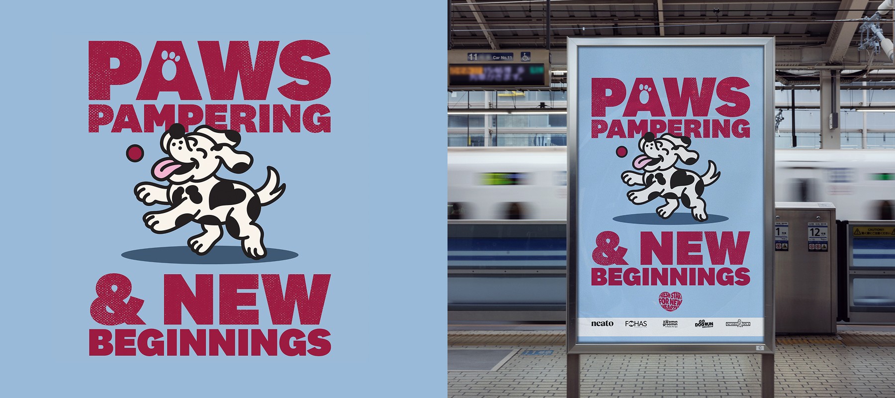 A blue transit poster with the phrase “Paws Pampering & New Beginnings” and an illustrated black-and-white dog chasing a red ball.