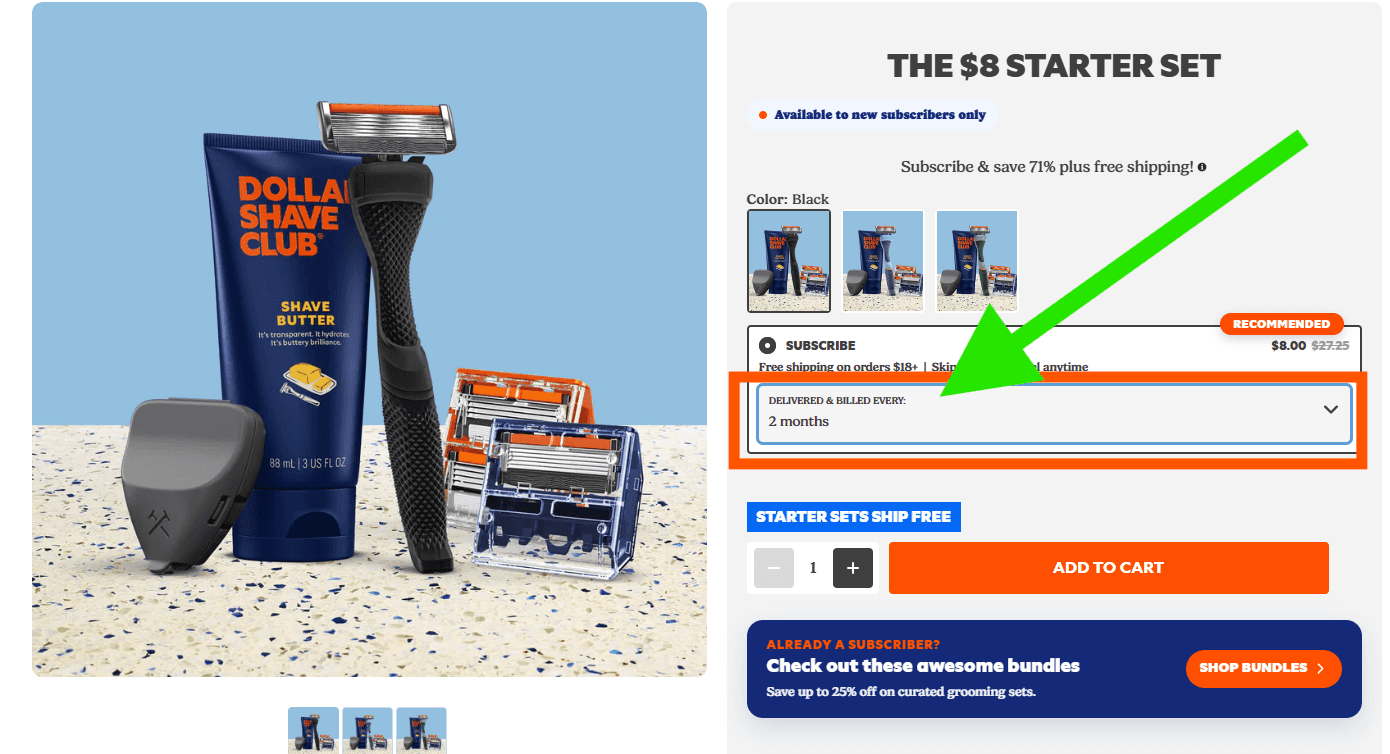 Dollar Shave Club subscription loyalty example: $8 Starter Set (razor, shave butter, blade cartridges, blade cover) available to new subscribers only at 71% off regular $27.25 price, delivered and billed every 2 months with free shipping on orders $18+; page also features existing subscriber upsell banner "Check out these awesome bundles — Save up to 25% on curated grooming sets" — illustrating a subscription acquisition funnel with built-in retention and upsell mechanics