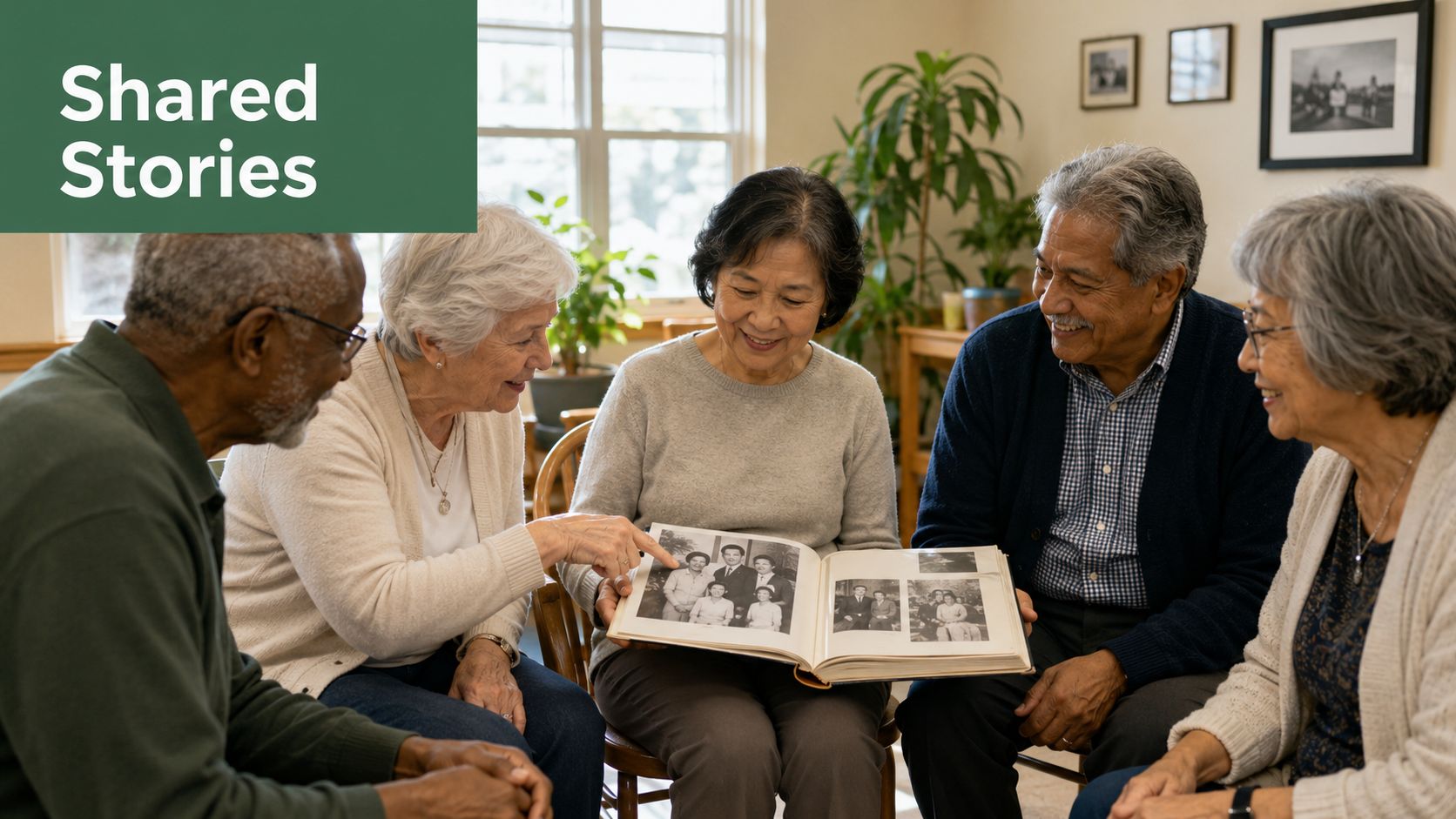 A diverse group of seniors smiling together while looking at an old photo album during reminiscence therapy.