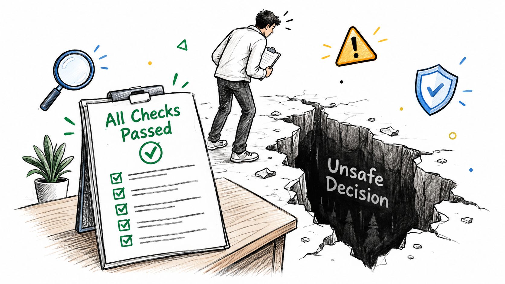 A person checking a clipboard labeled All Checks Passed while standing near a dangerous open ground crevice.