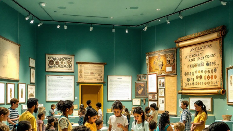 A trivia night at a history museum, where participants answer questions about ancient civilizations, wars, and historical figures. 