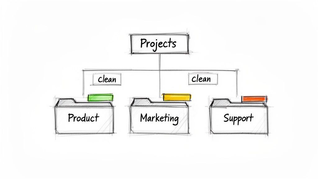Sketch diagram showing 'Projects' organized into 'Product', 'Marketing', and 'Support' folders, each labeled 'clean'.