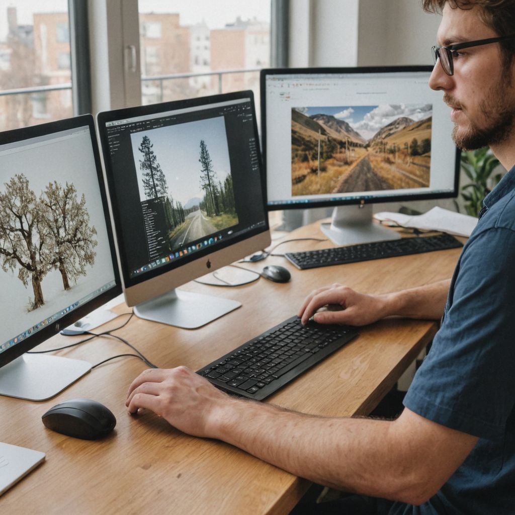 man editing photos on his computer with 3 moniters